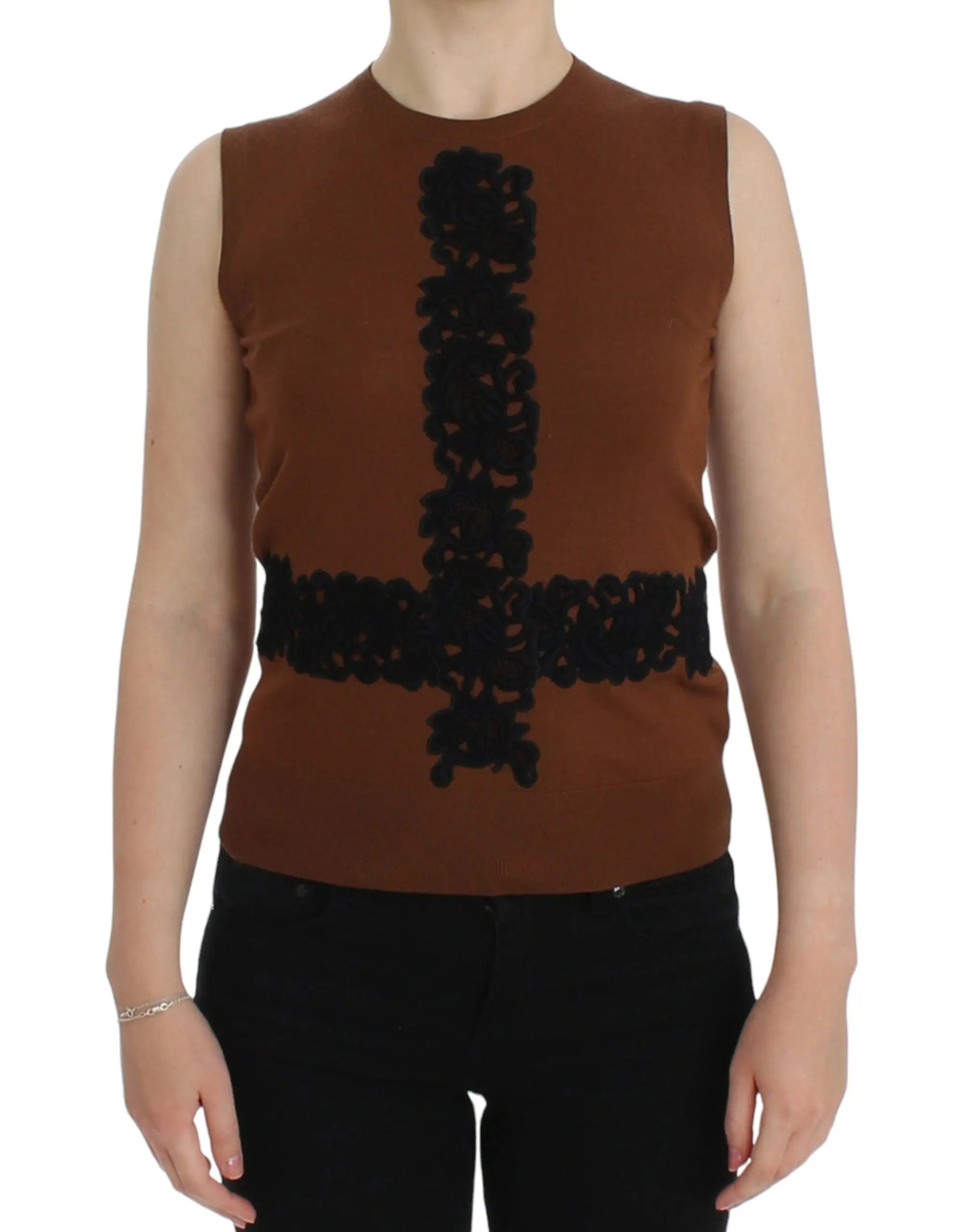 Dolce & Gabbana Brown Wool Black Lace Vest Sweater Top Dolce & Gabbana