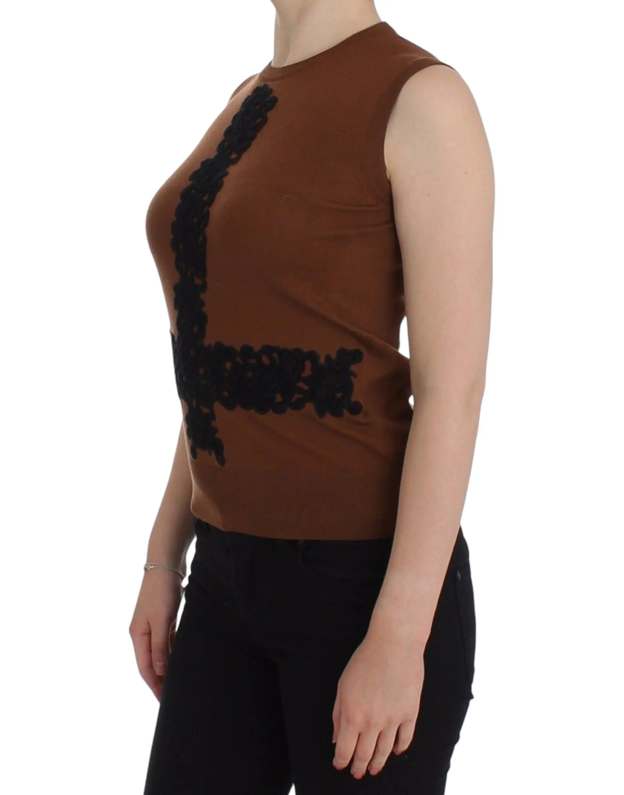 Dolce & Gabbana Brown Wool Black Lace Vest Sweater Top Dolce & Gabbana