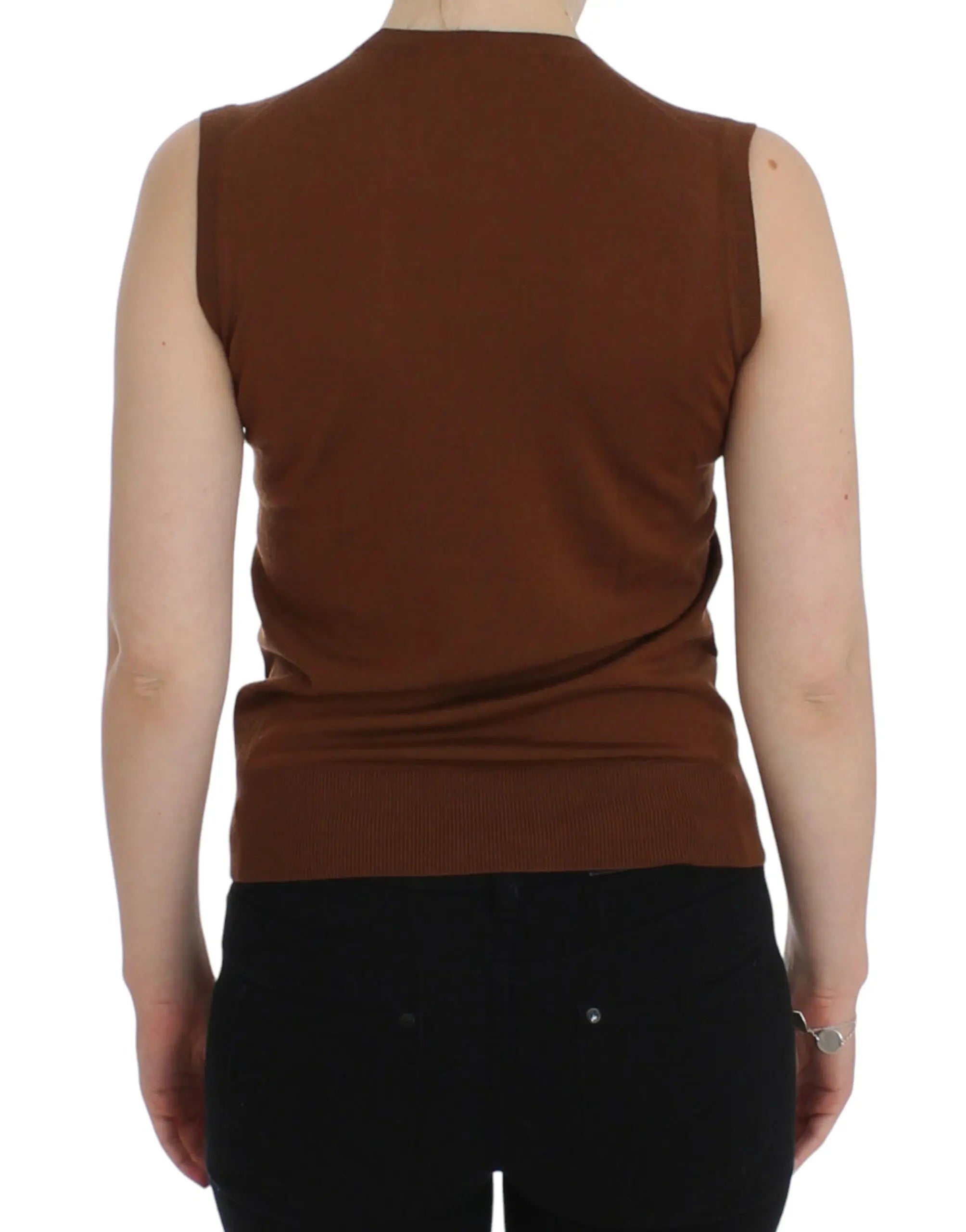 Dolce & Gabbana Brown Wool Black Lace Vest Sweater Top Dolce & Gabbana