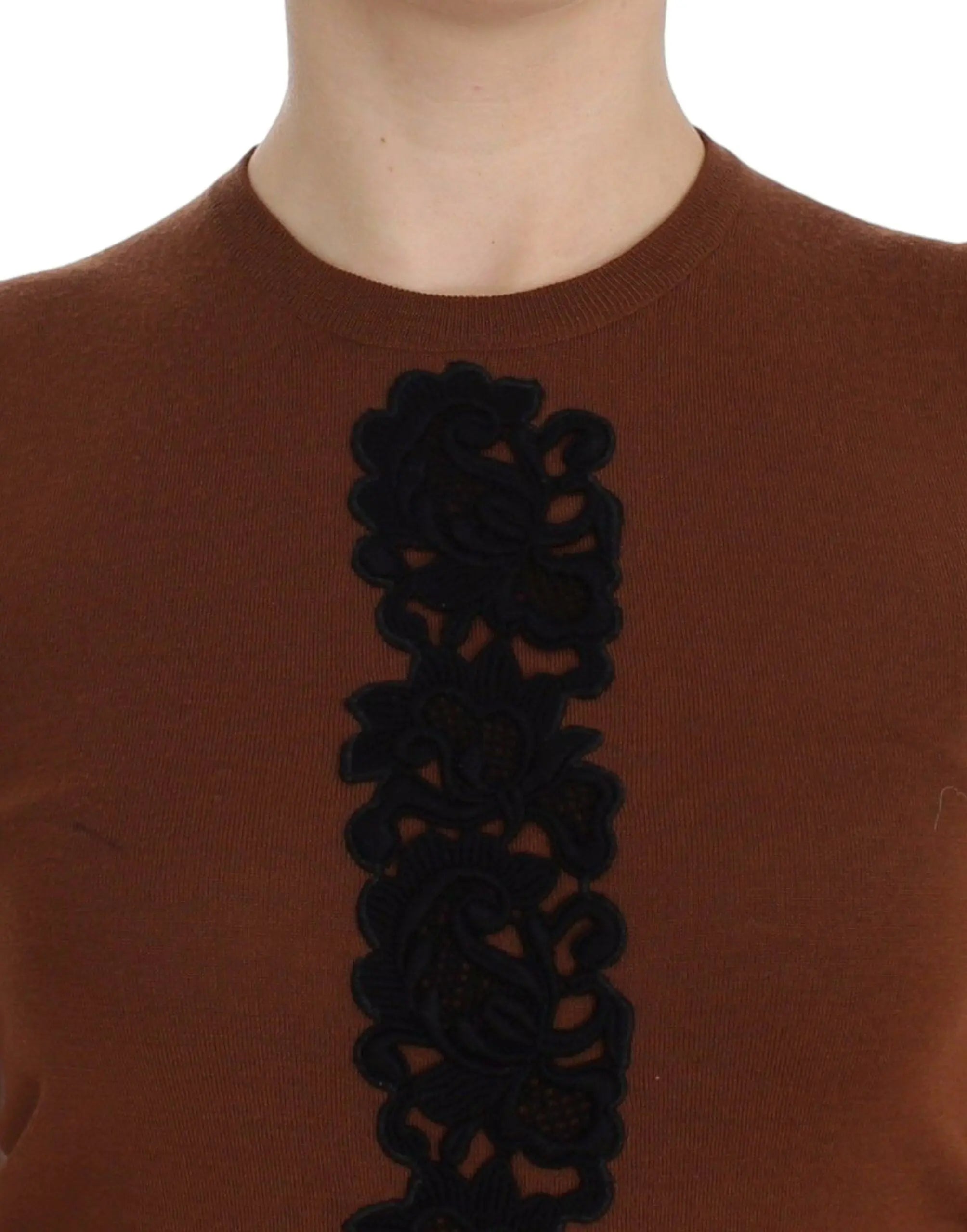 Dolce & Gabbana Brown Wool Black Lace Vest Sweater Top Dolce & Gabbana