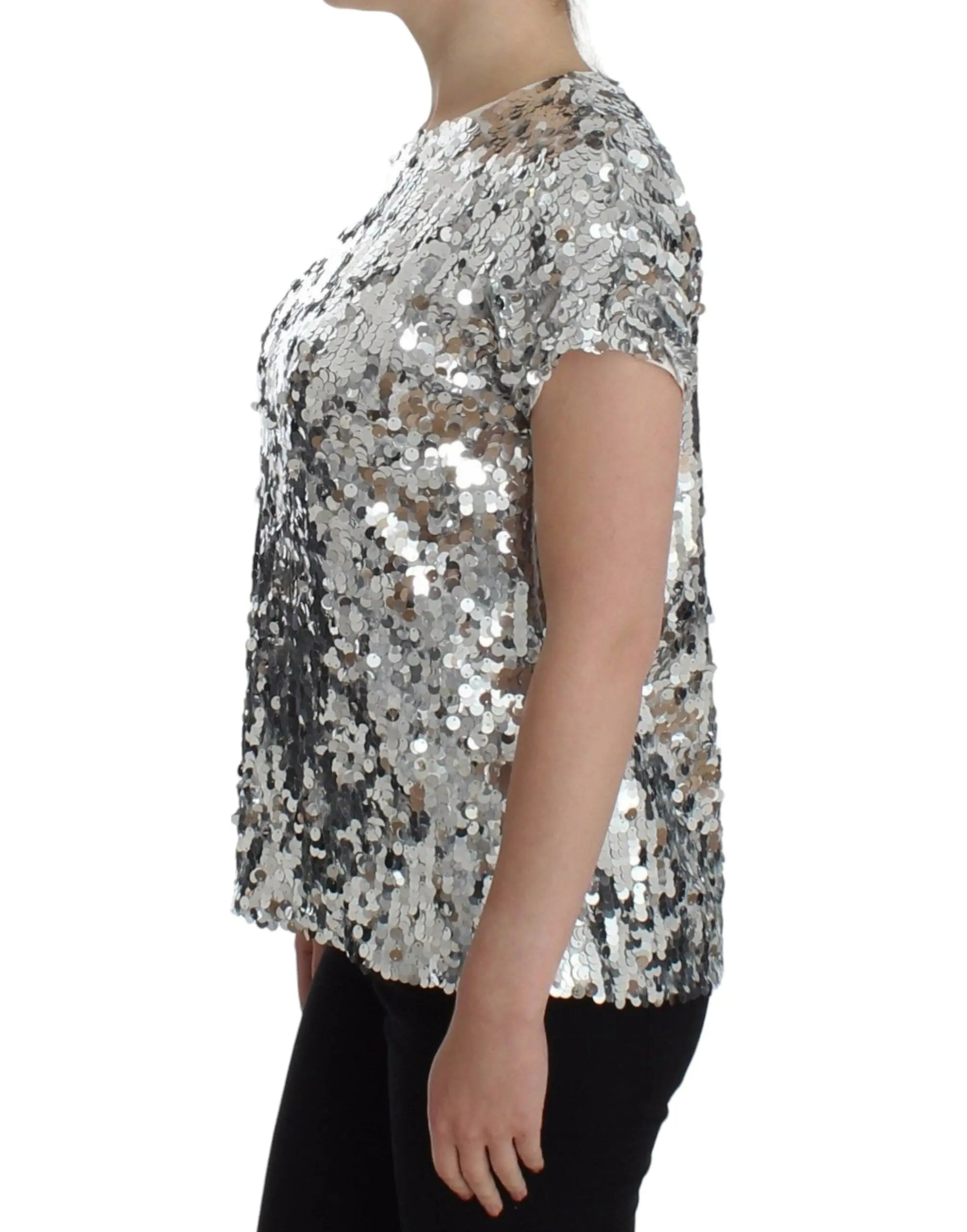 Dolce & Gabbana Silver Sequined Crewneck Blouse T-shirt Top Dolce & Gabbana