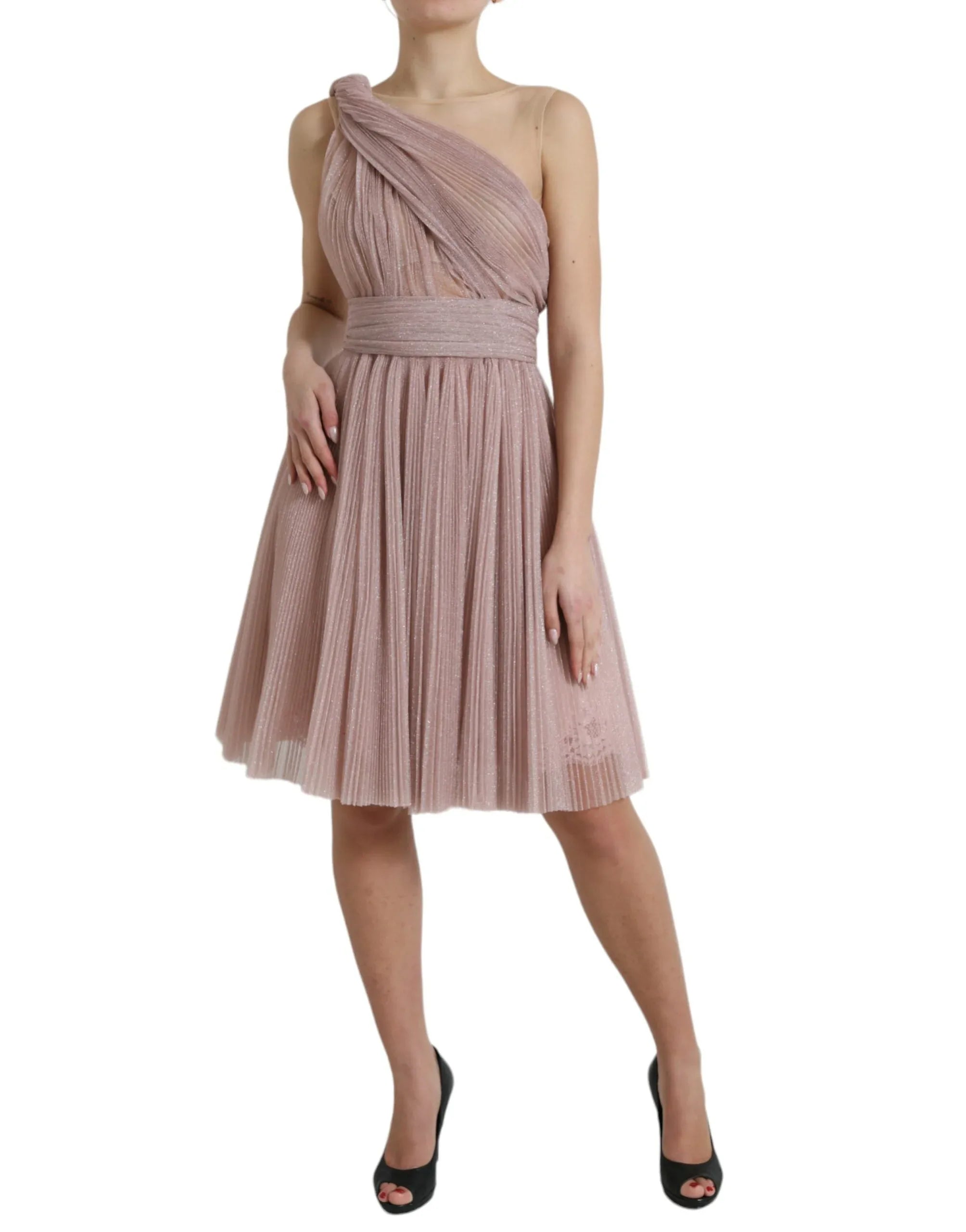 Dolce & Gabbana Pink One Shoulder Pleated Lame Tulle Dress - Zeiniez