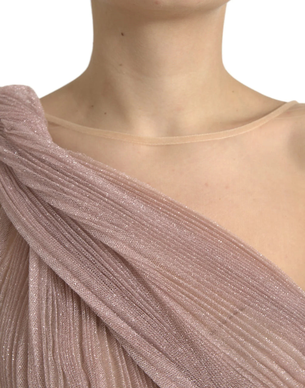 Dolce & Gabbana Pink One Shoulder Pleated Lame Tulle Dress - Zeiniez