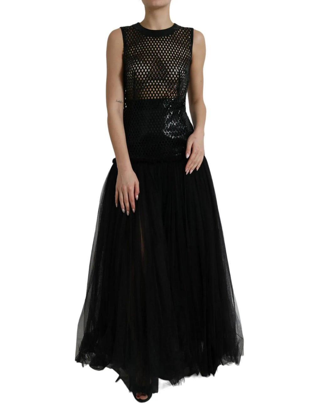 Dolce & Gabbana Black Sequined Sleeveless Mesh Layered Gown Dress - Zeiniez