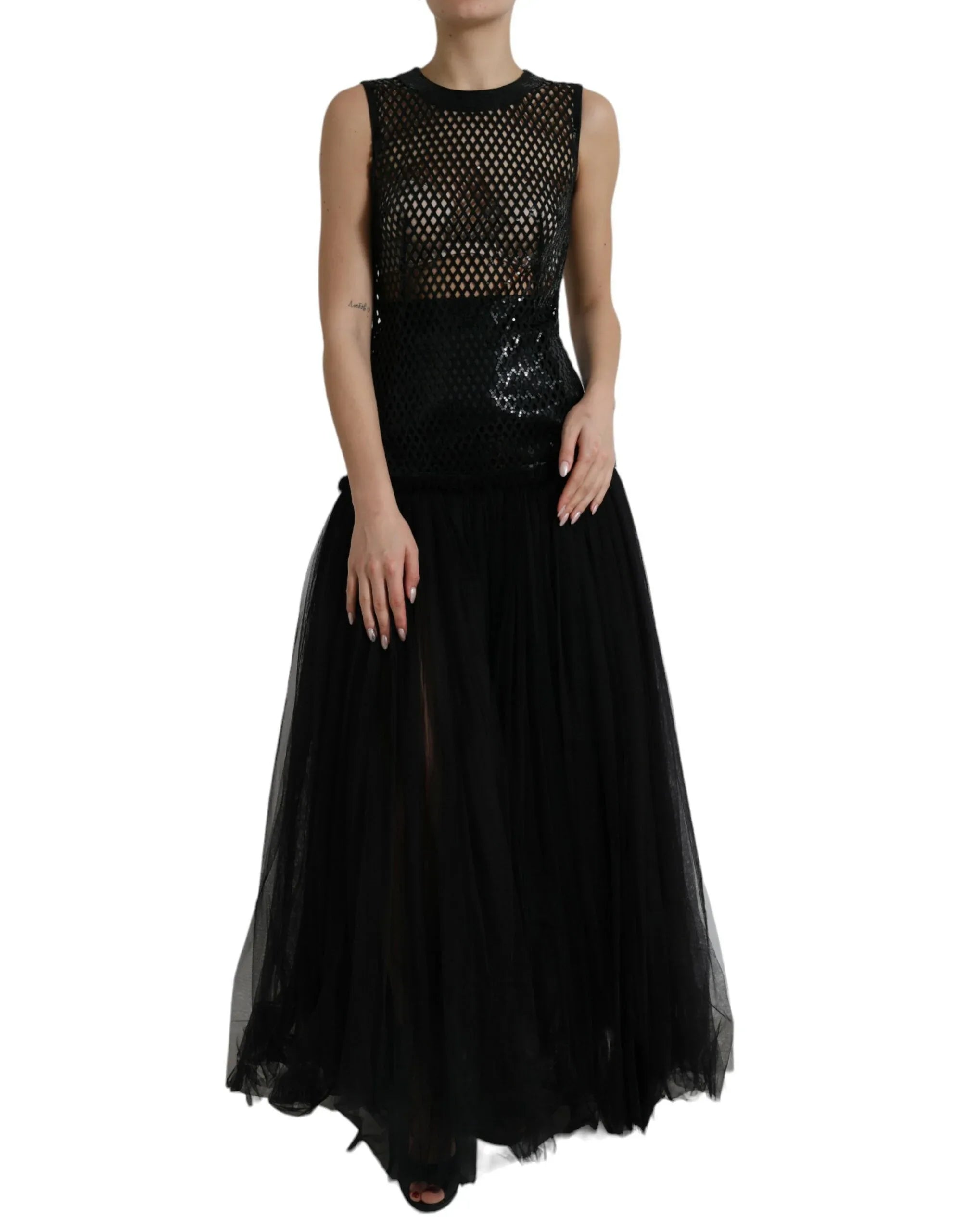 Dolce & Gabbana Black Sequined Sleeveless Mesh Layered Gown Dress - Zeiniez
