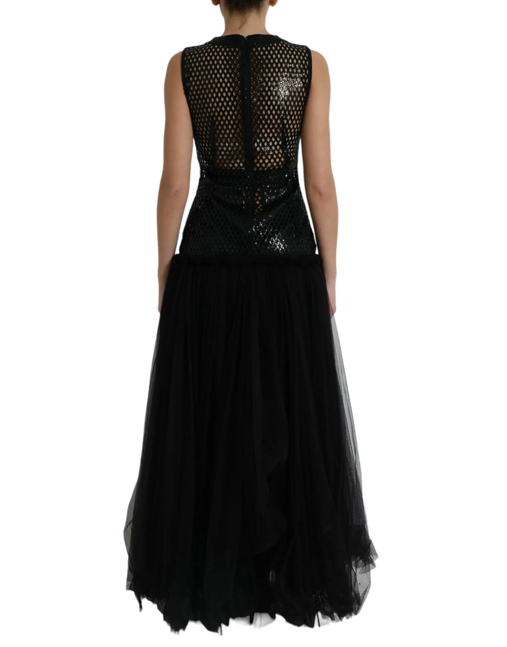 Dolce & Gabbana Black Sequined Sleeveless Mesh Layered Gown Dress - Zeiniez