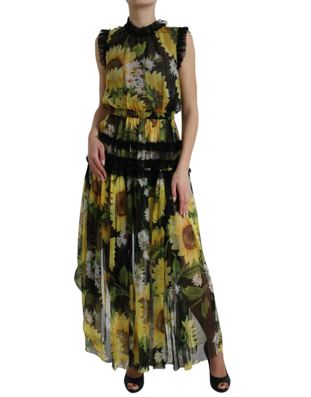 Dolce & Gabbana Black Sunflower A-line Pleated Maxi Dress - Zeiniez