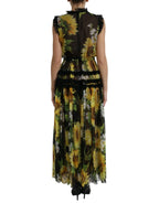 Dolce & Gabbana Black Sunflower A-line Pleated Maxi Dress - Zeiniez