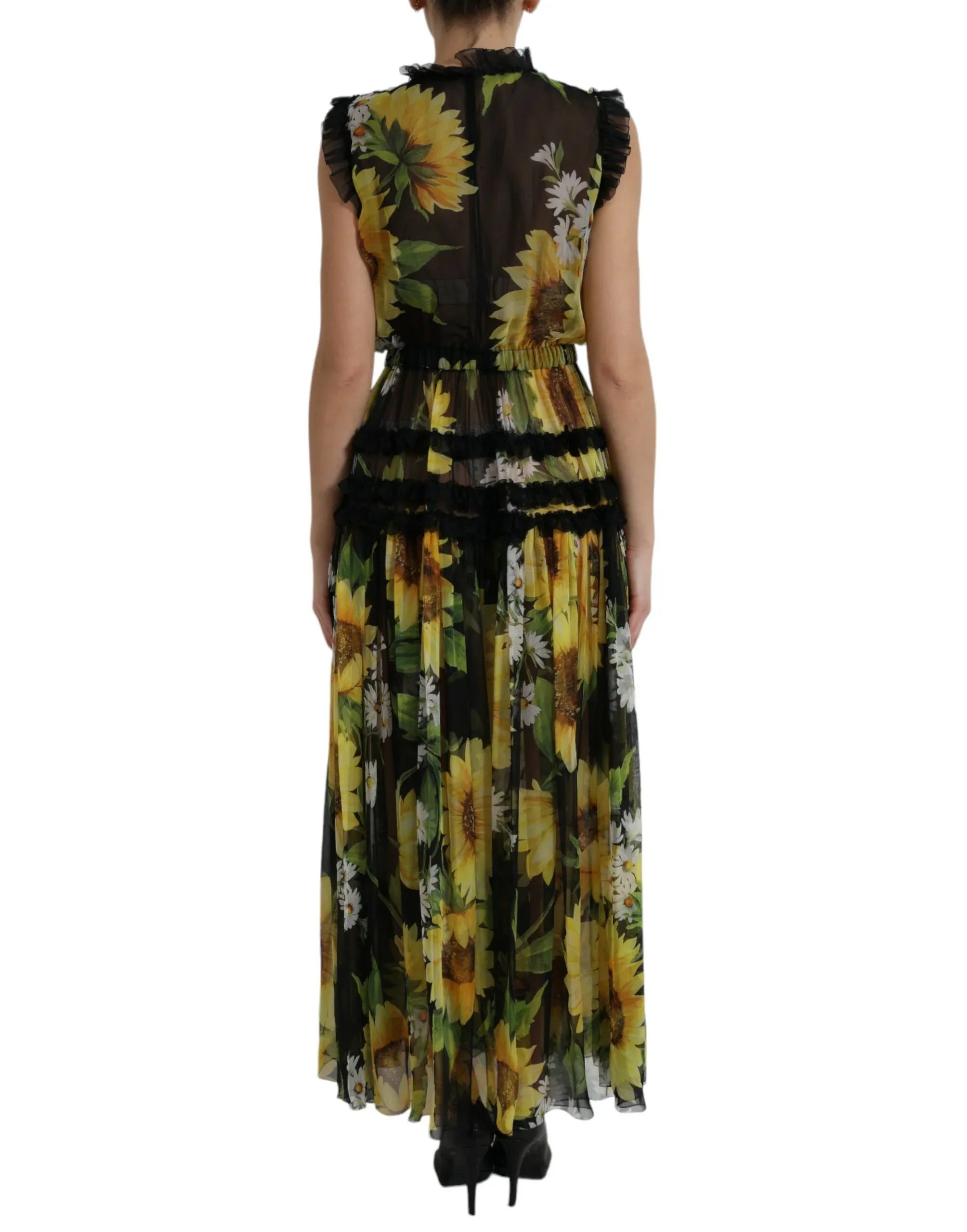 Dolce & Gabbana Black Sunflower A-line Pleated Maxi Dress - Zeiniez
