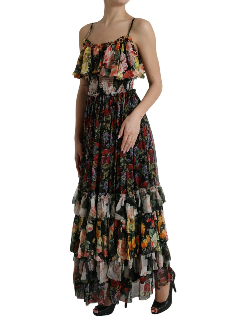 Dolce & Gabbana Multicolor Floral Chiffon Tiered Maxi Dress - Zeiniez