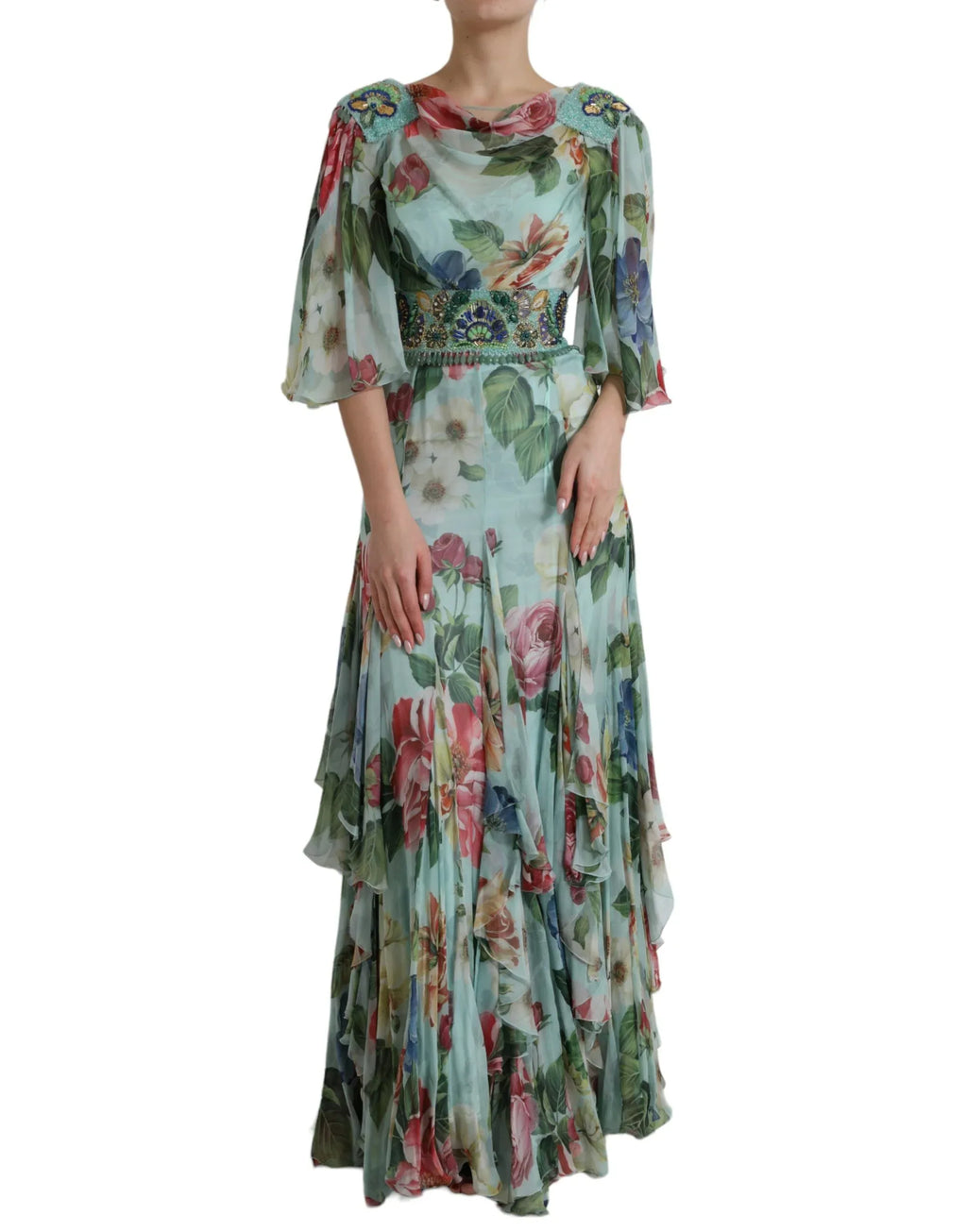 Dolce & Gabbana Blue Floral Print Tiered Long Maxi Dress - Zeiniez