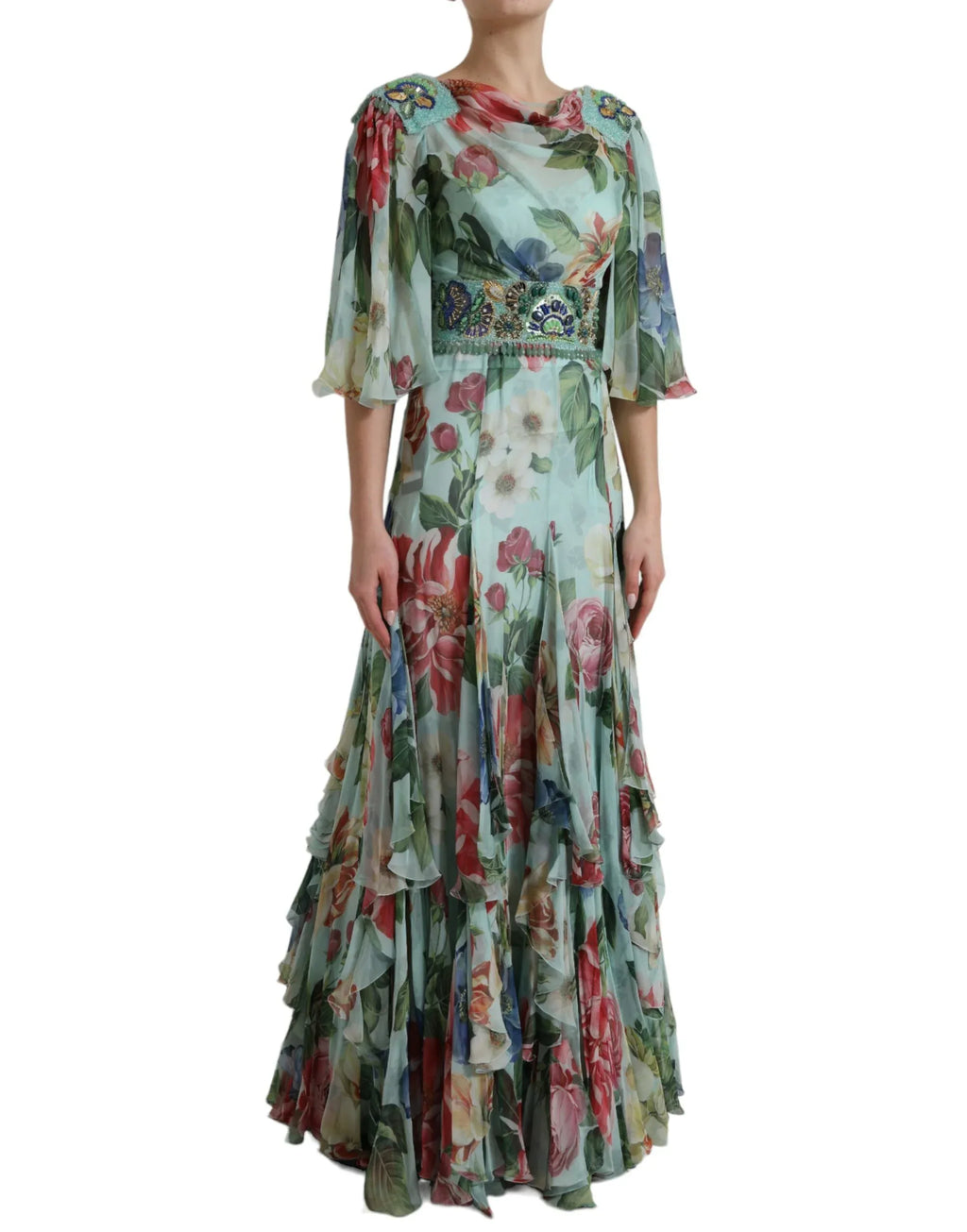 Dolce & Gabbana Blue Floral Print Tiered Long Maxi Dress - Zeiniez