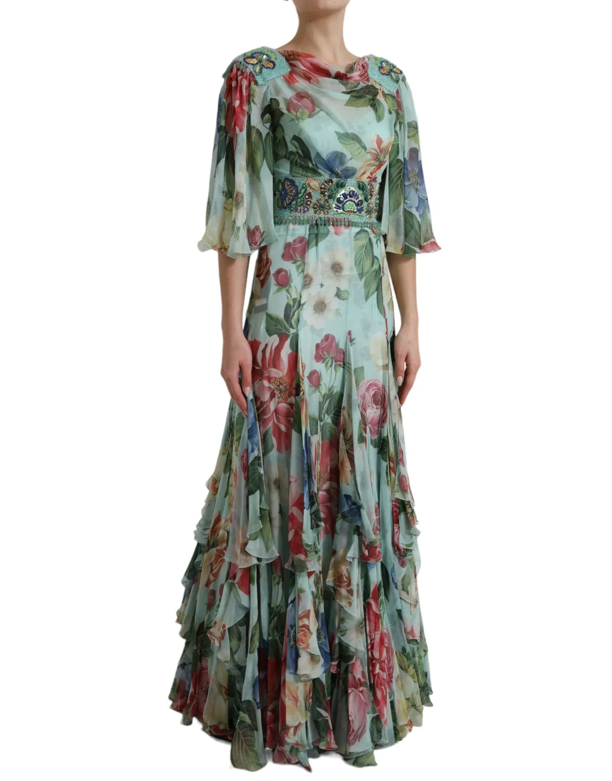 Dolce & Gabbana Blue Floral Print Tiered Long Maxi Dress - Zeiniez