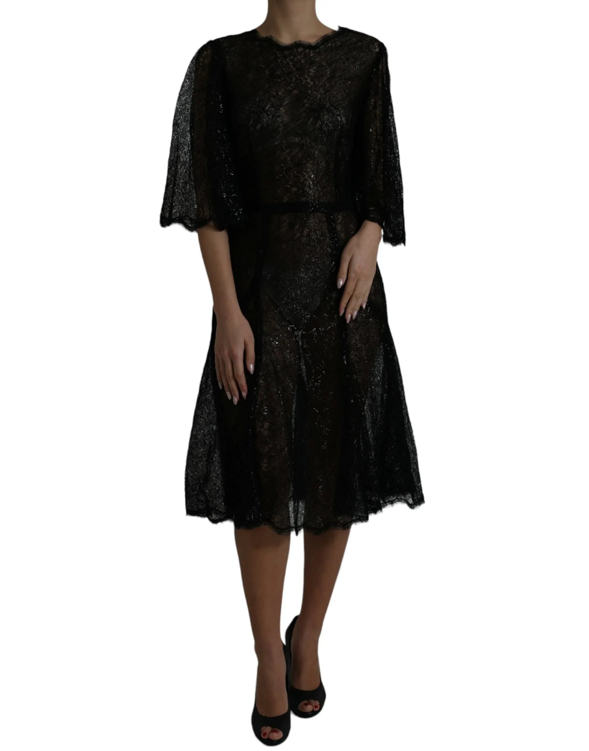 Dolce & Gabbana Black Floral Lace Sheer A-line Midi Dress - Zeiniez