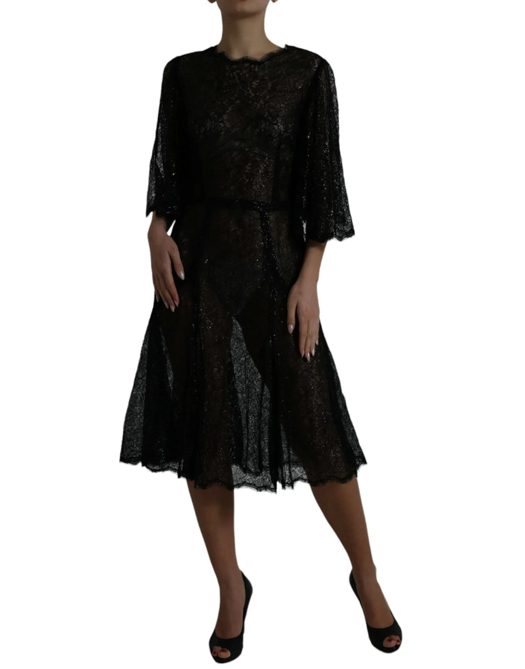 Dolce & Gabbana Black Floral Lace Sheer A-line Midi Dress - Zeiniez
