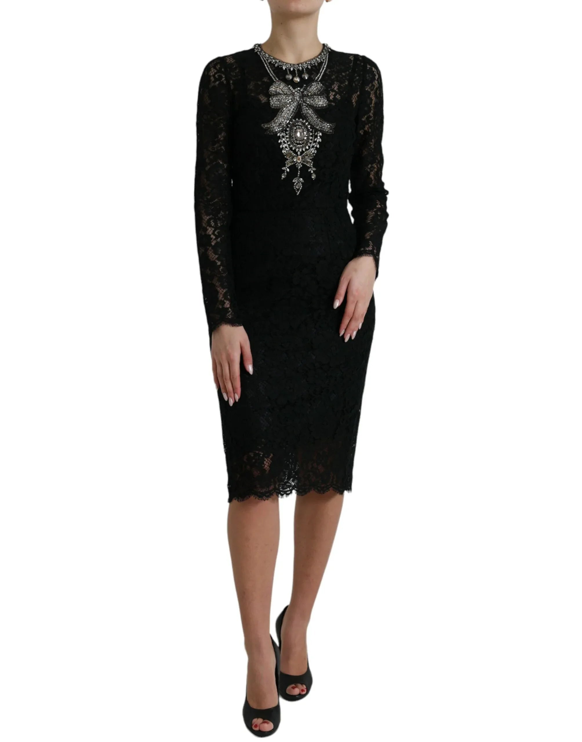 Dolce & Gabbana Black Lace Crystal Embellished Sheath Dress - Zeiniez
