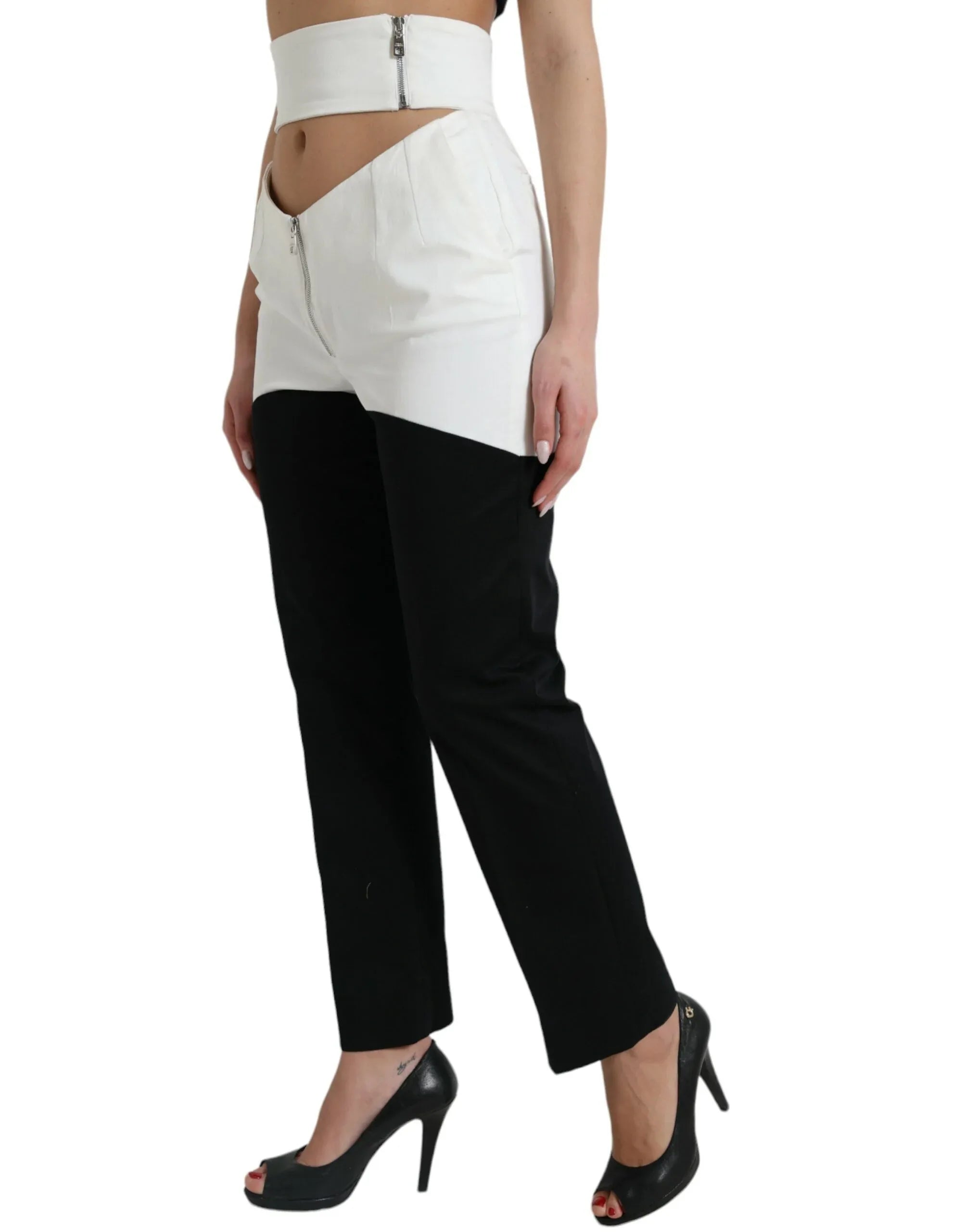 Dolce & Gabbana Black White Cotton Cut Out Waist Tapered Pants - Zeiniez