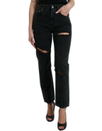 Dolce & Gabbana Black Cotton High Waist Tattered Denim Jeans - Zeiniez