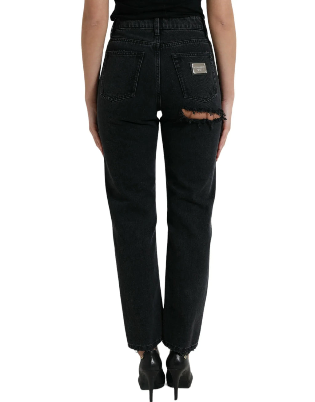 Dolce & Gabbana Black Cotton High Waist Tattered Denim Jeans - Zeiniez