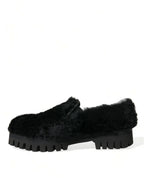 Dolce & Gabbana Black Fur Leather Slippers Dress Shoes - Zeiniez