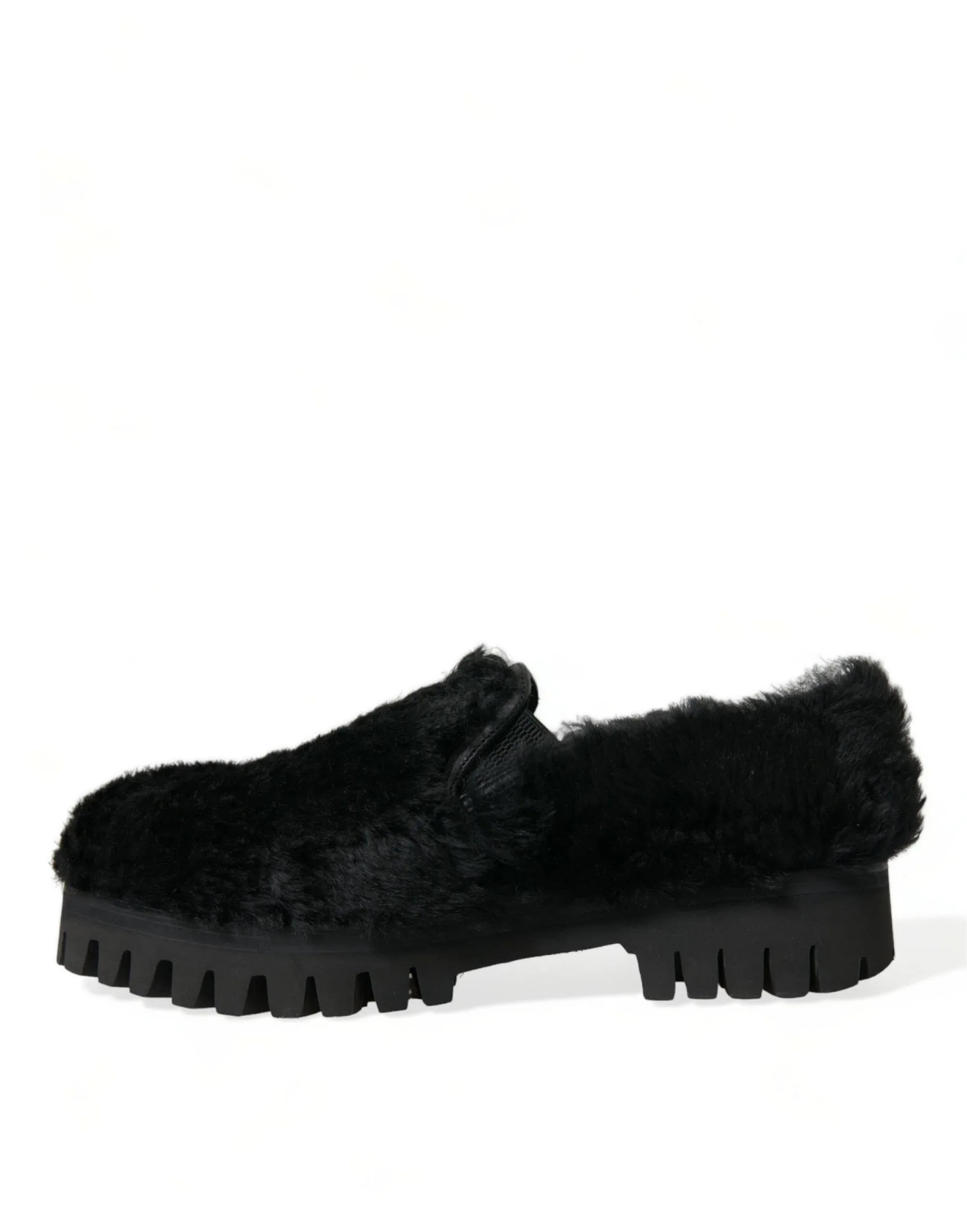 Dolce & Gabbana Black Fur Leather Slippers Dress Shoes - Zeiniez