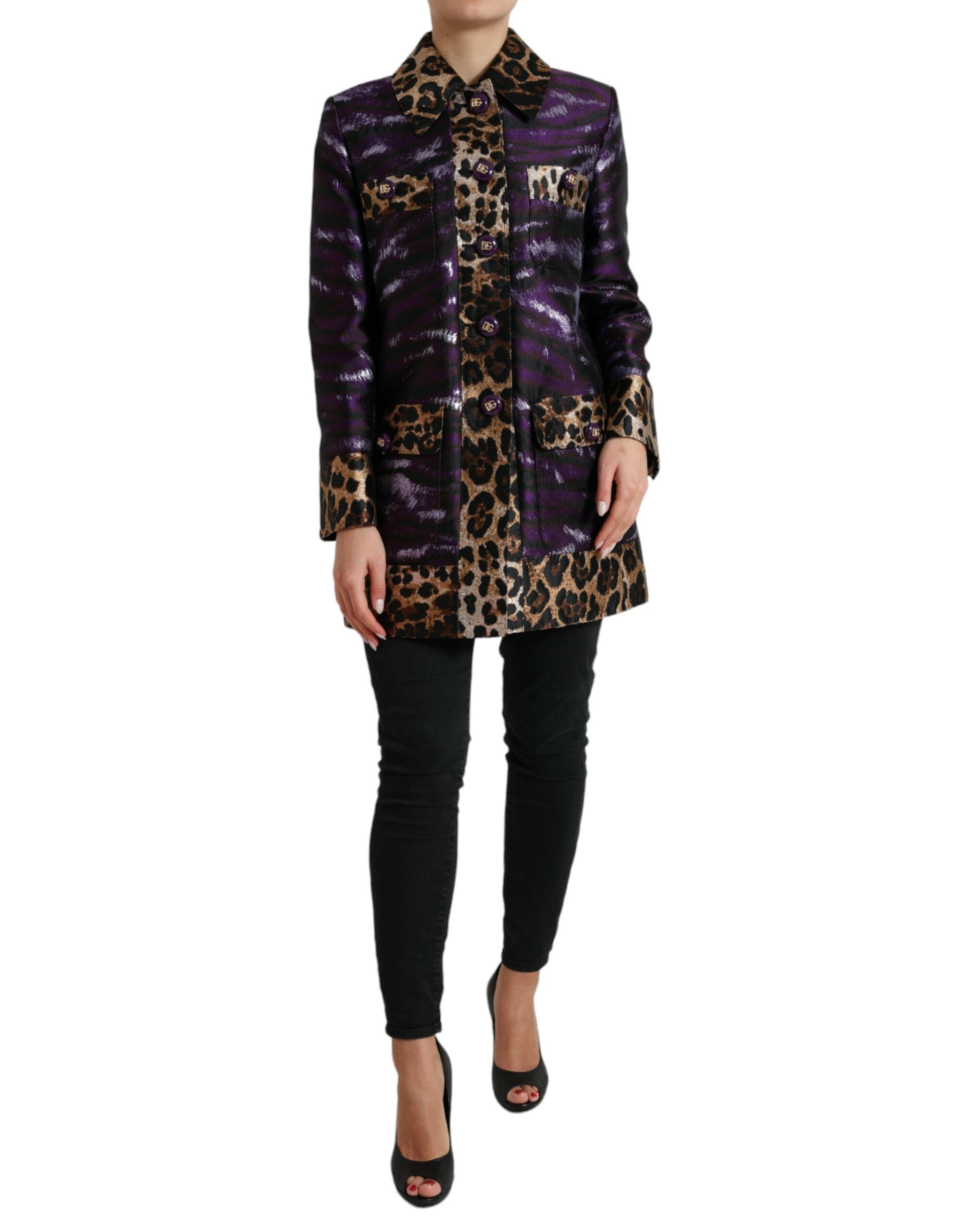 Dolce & Gabbana Purple Lamé Jacquard Tiger Print Coat Jacket - Zeiniez