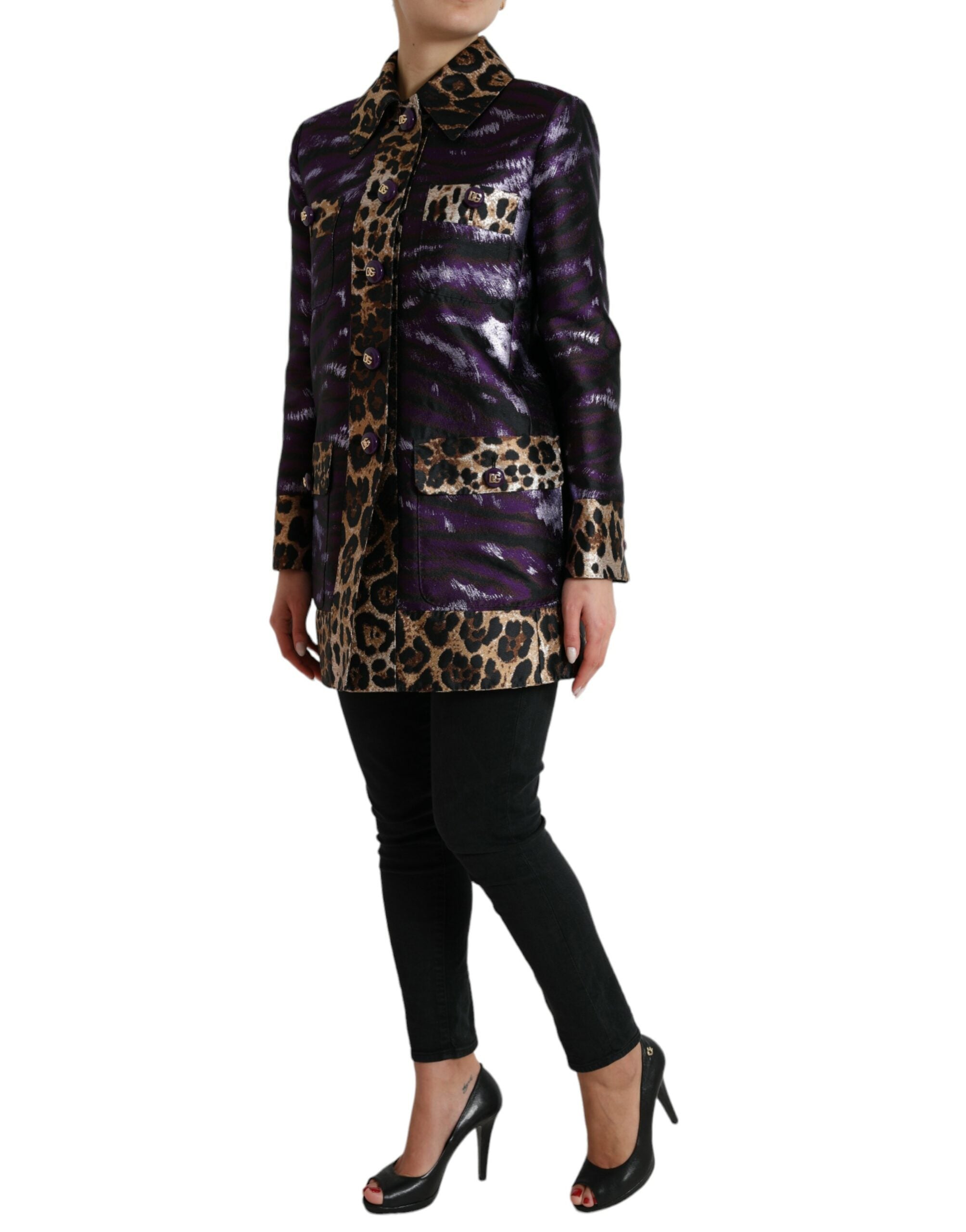 Dolce & Gabbana Purple Lamé Jacquard Tiger Print Coat Jacket - Zeiniez