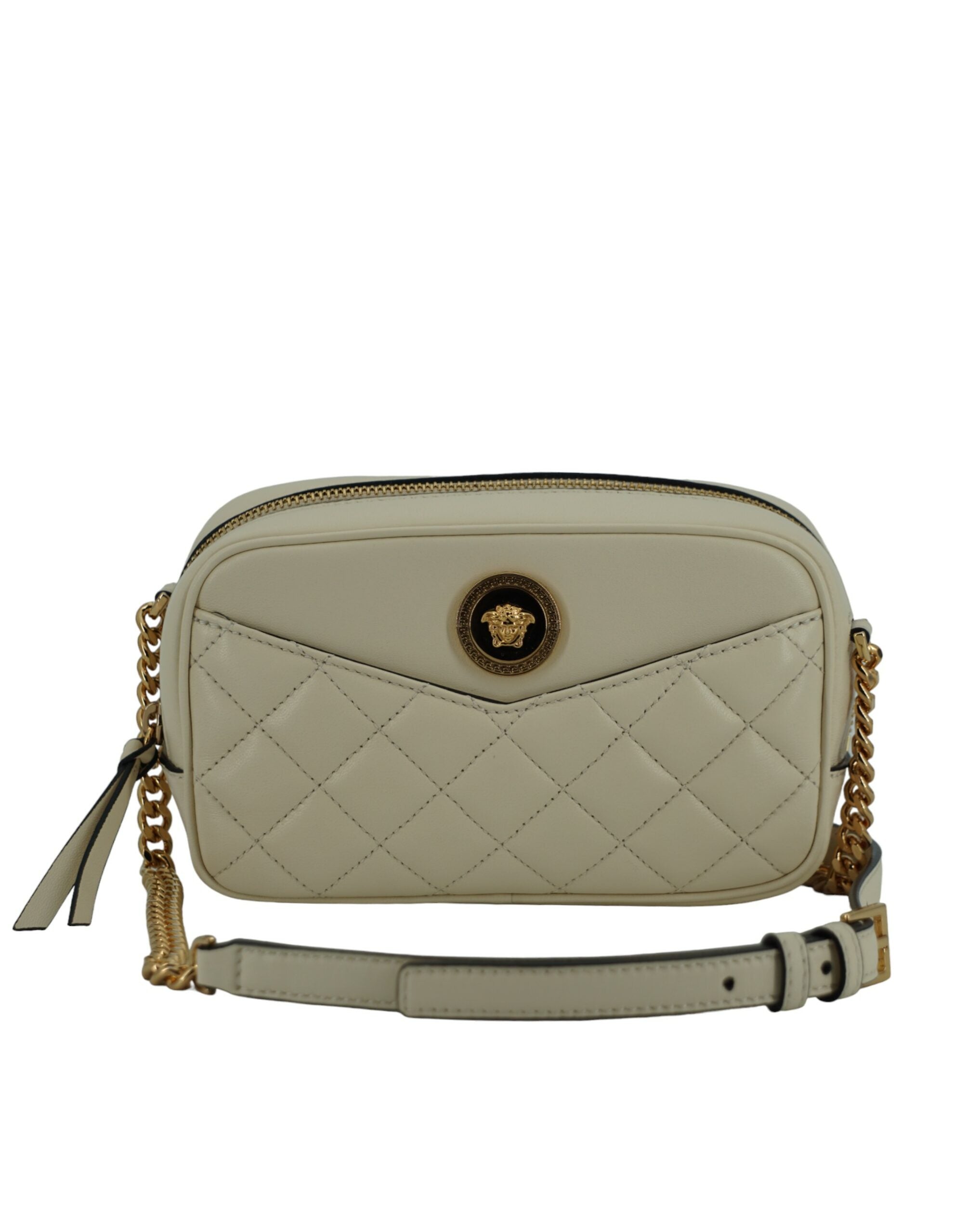 Versace White Lamb Leather Small Camera Crossbody Bag - Zeiniez