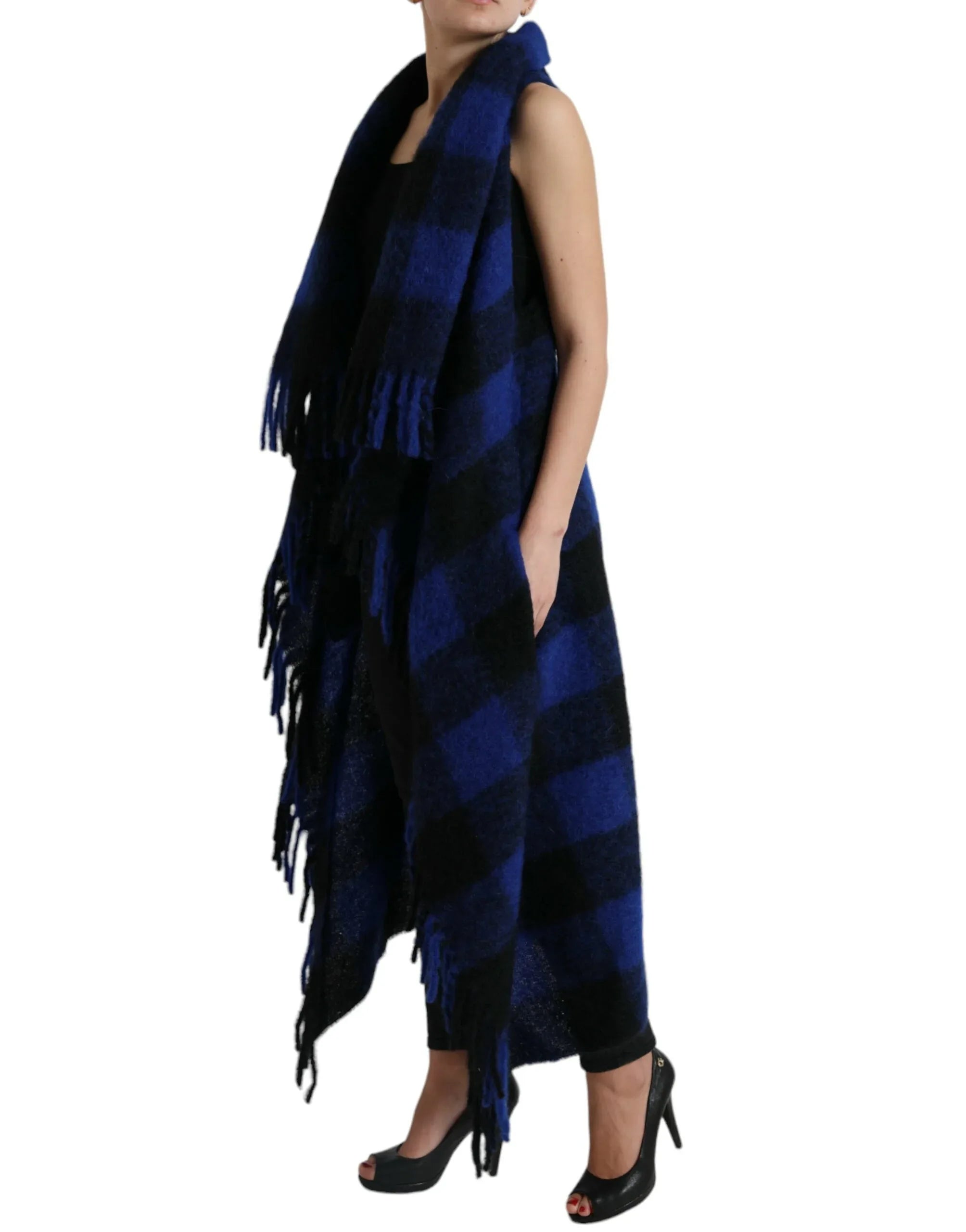 Dolce & Gabbana Black Blue Buffalo Check Poncho Coat Sweater - Zeiniez