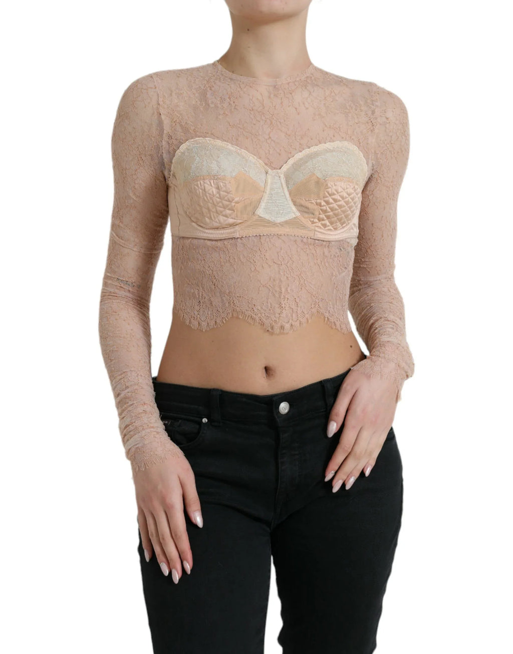 Dolce & Gabbana Beige Nylon Floral Lace Bustier Cropped Top - Zeiniez