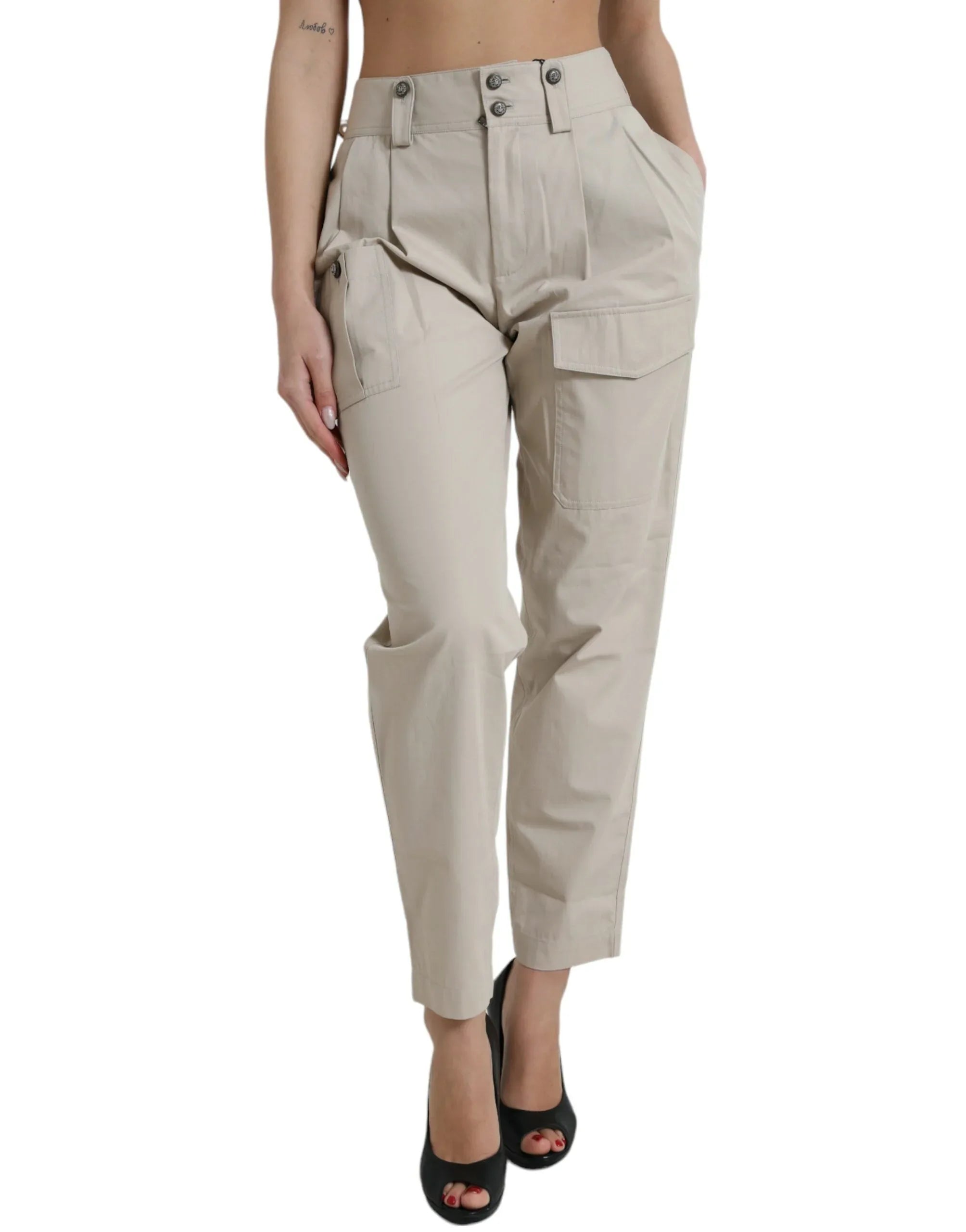Dolce & Gabbana Beige Cotton High Waist Tapered Pants - Zeiniez