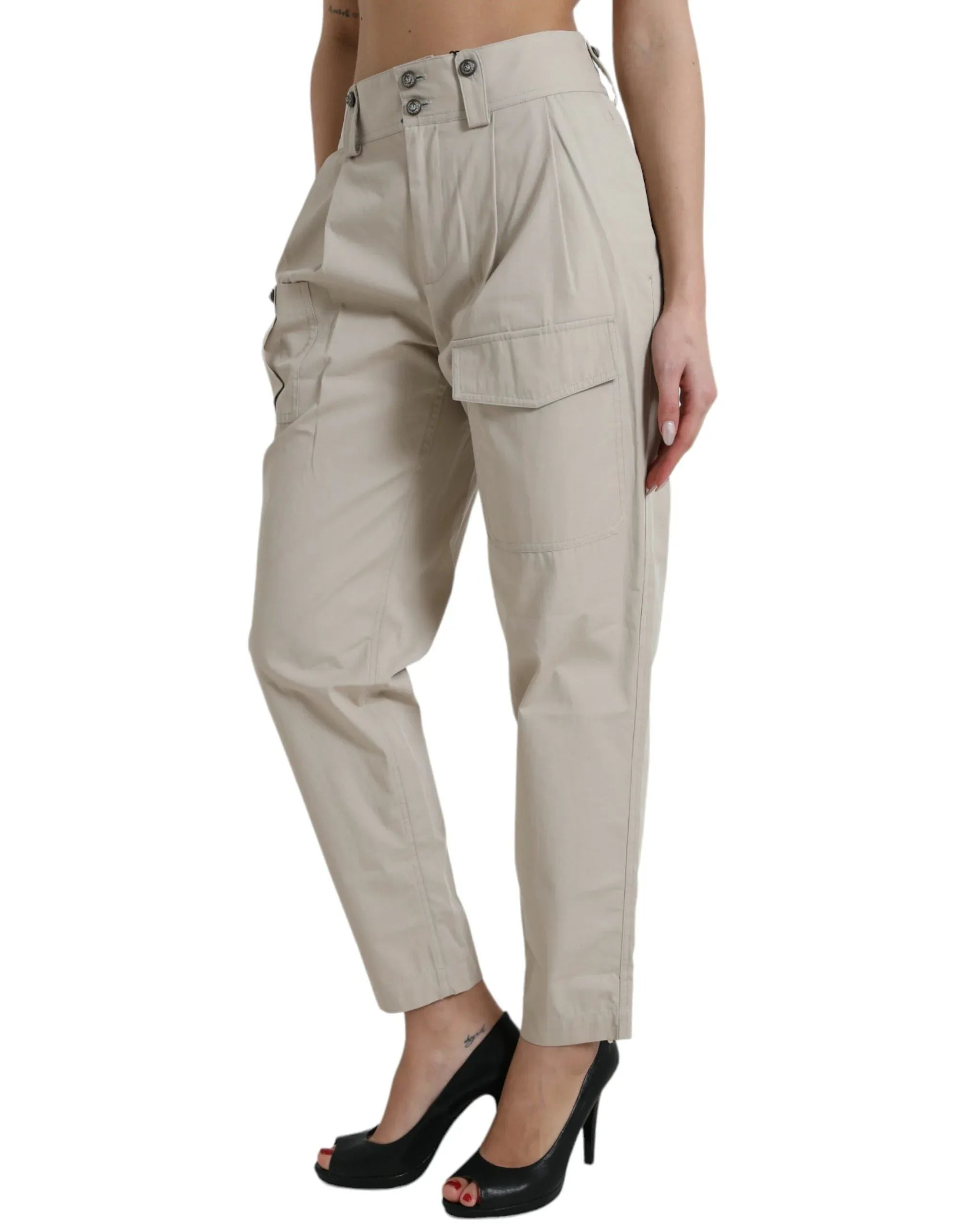 Dolce & Gabbana Beige Cotton High Waist Tapered Pants - Zeiniez
