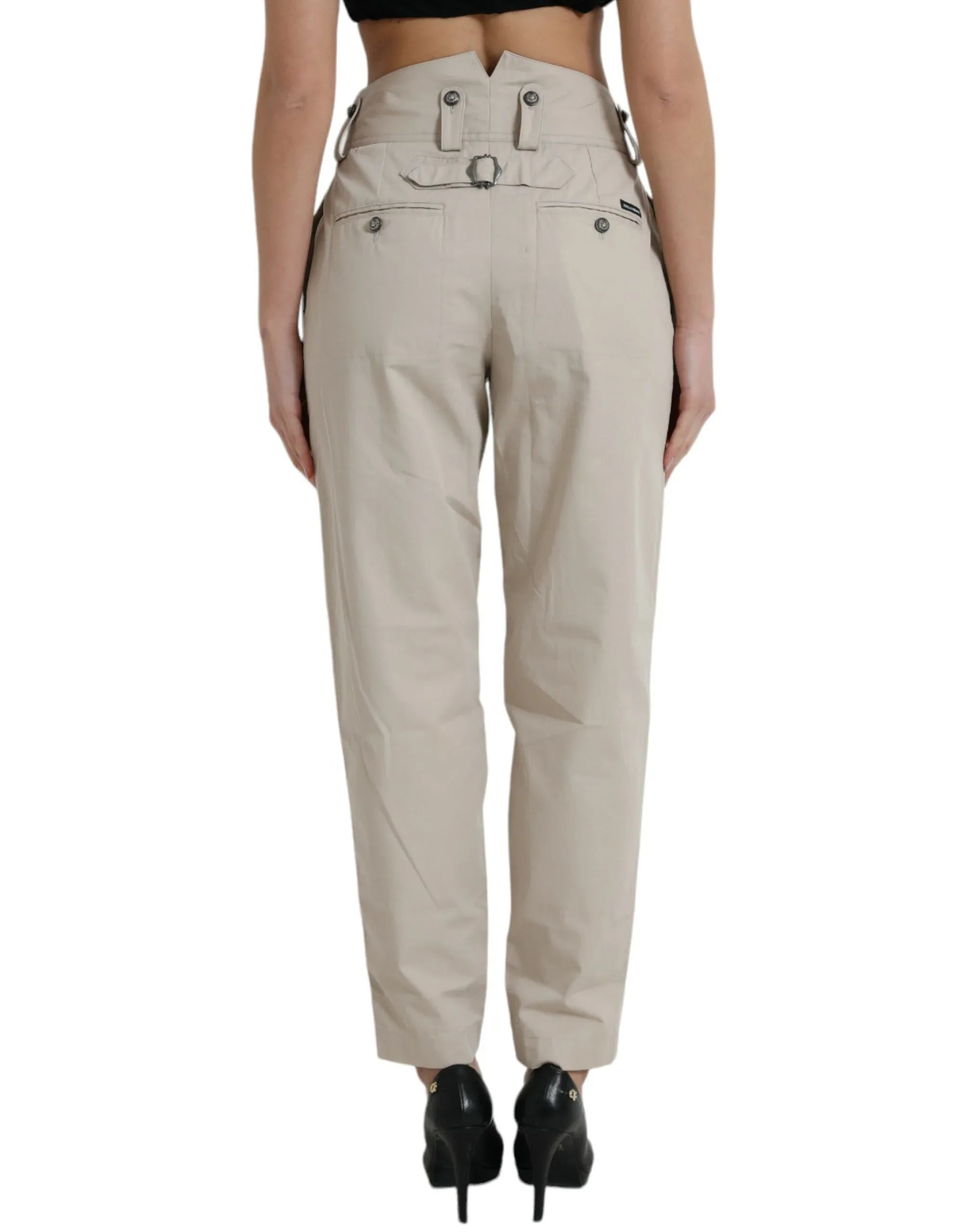 Dolce & Gabbana Beige Cotton High Waist Tapered Pants - Zeiniez