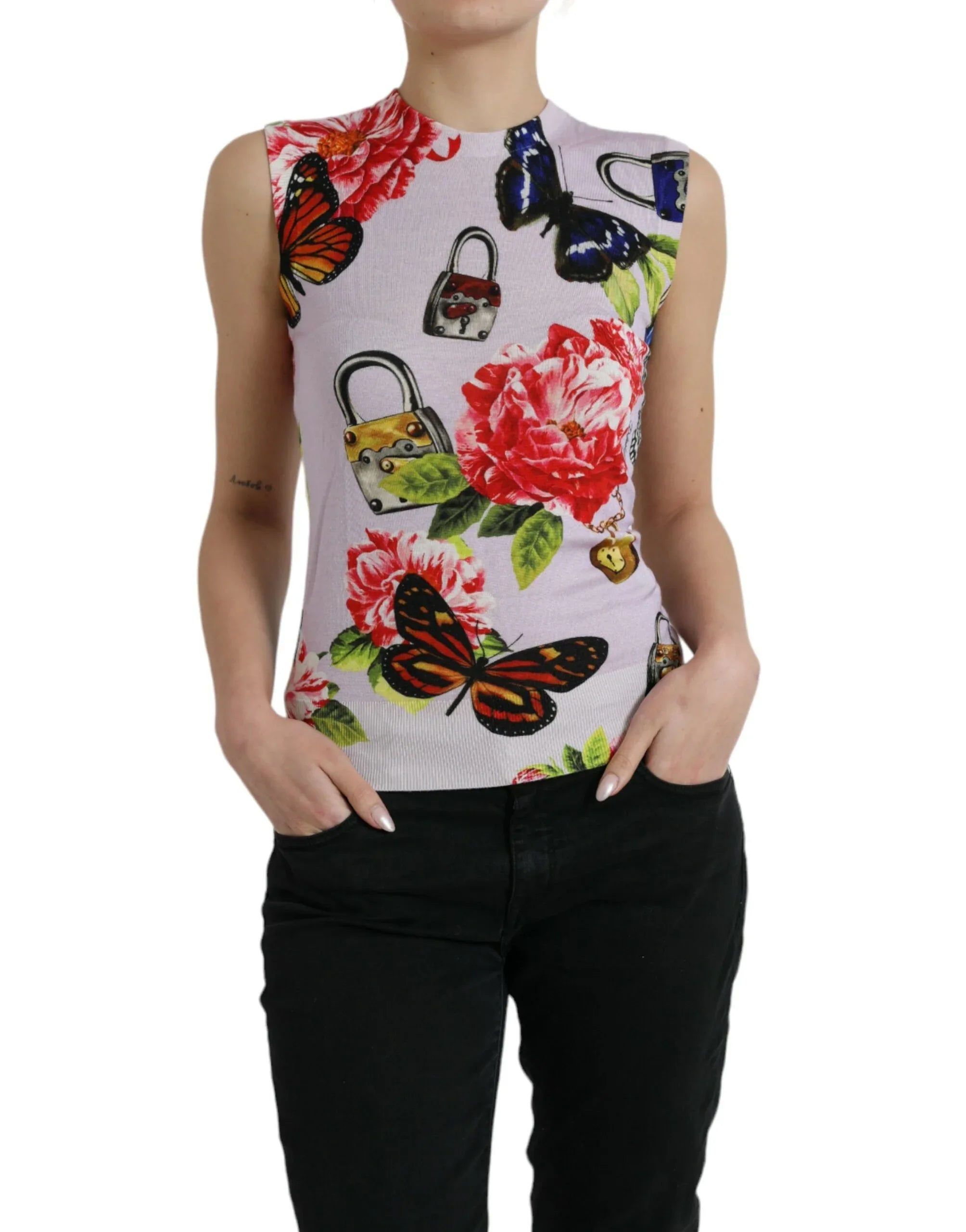 Dolce & Gabbana Multicolor Floral Padlock Butterfly Tank Top - Zeiniez