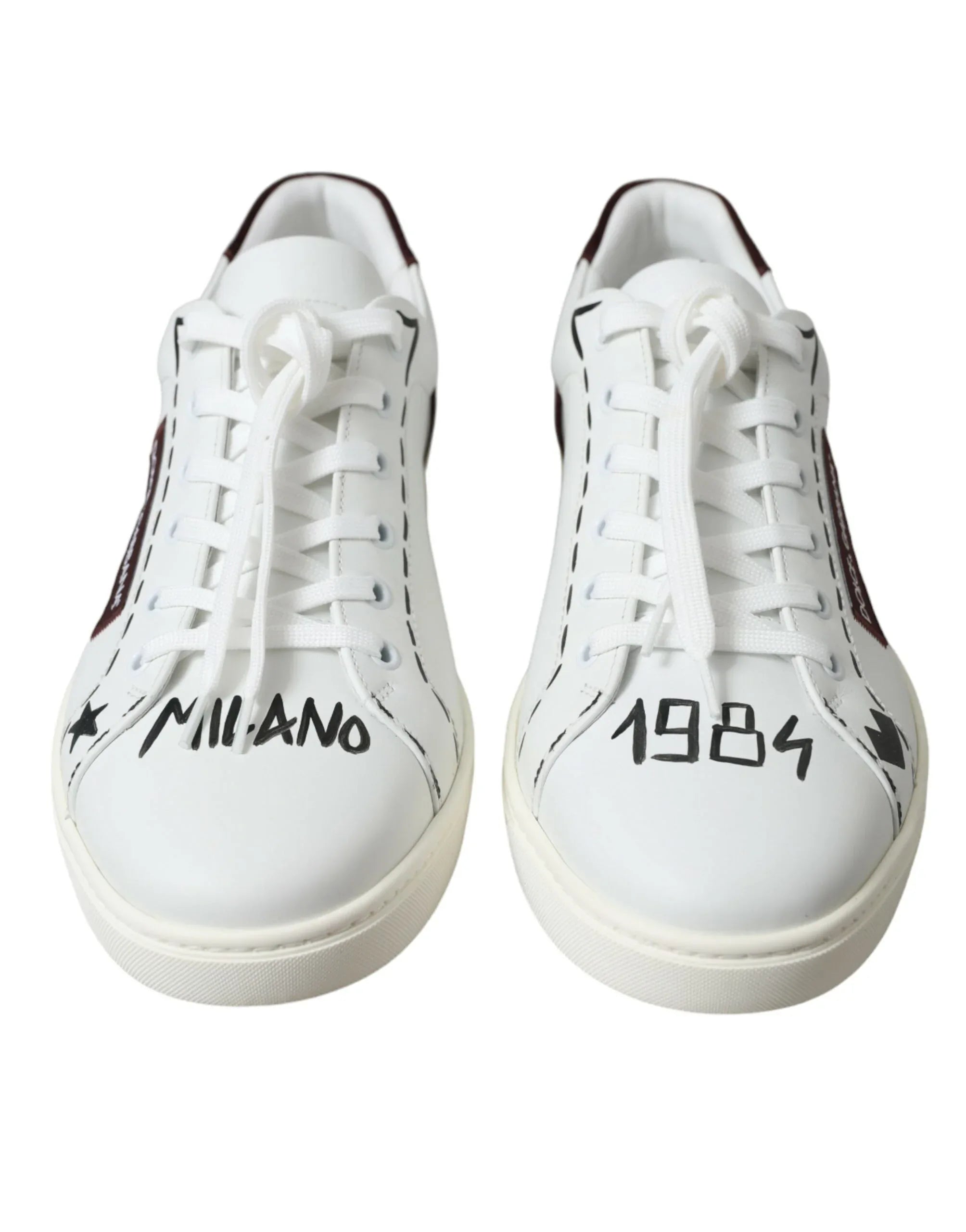Dolce & Gabbana White Bordeaux Leather Logo Low Top Sneakers Shoes - Zeiniez