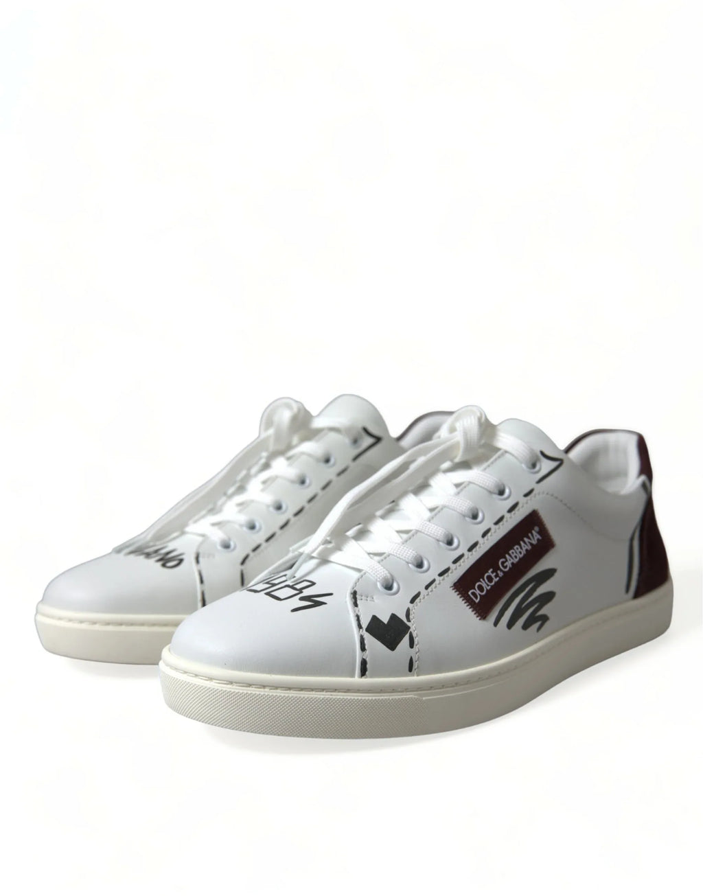 Dolce & Gabbana White Bordeaux Leather Logo Low Top Sneakers Shoes - Zeiniez