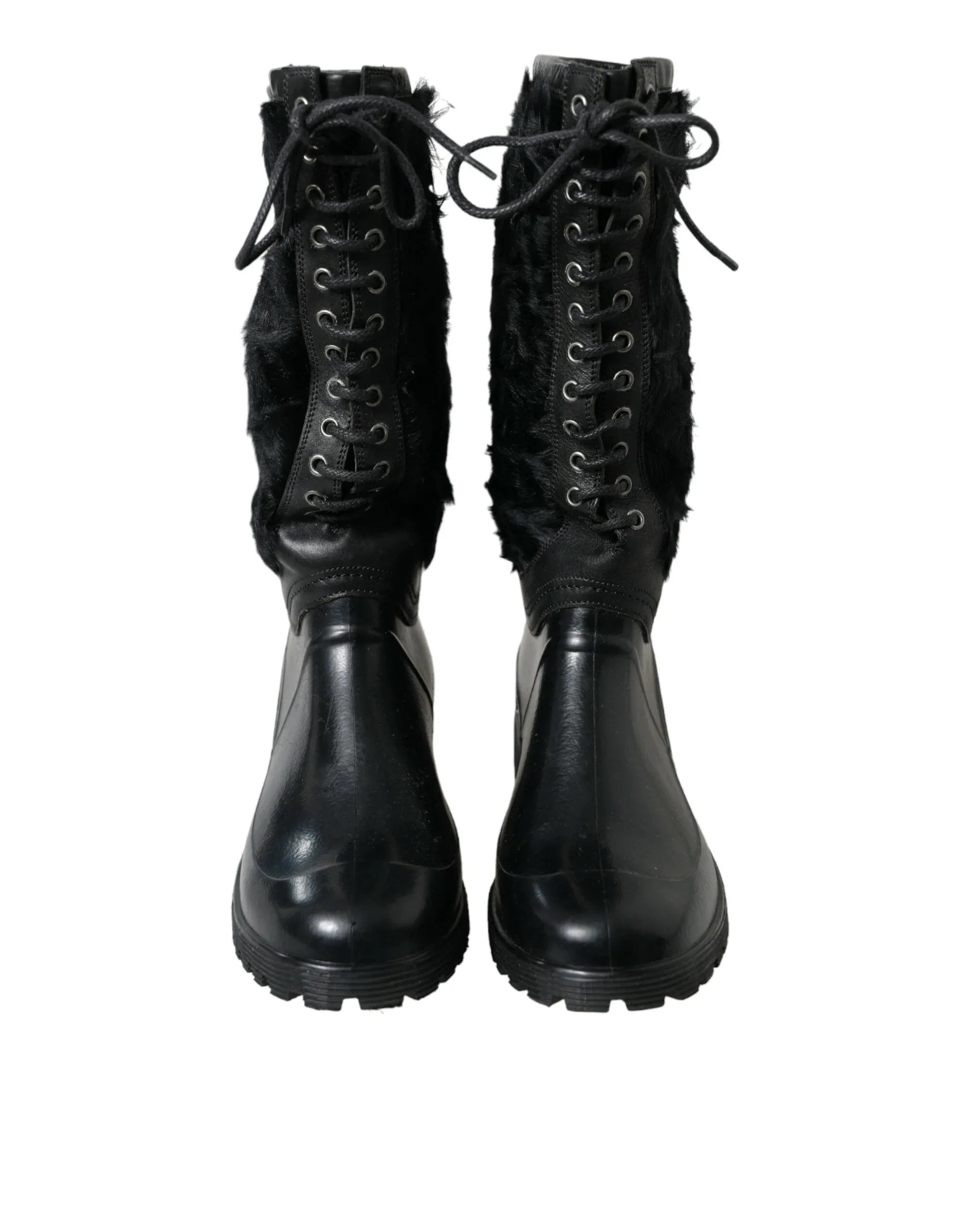 Dolce & Gabbana Black Rubber Lace Up Shearling Rain Boots Shoes - Zeiniez