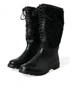 Dolce & Gabbana Black Rubber Lace Up Shearling Rain Boots Shoes - Zeiniez