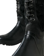 Dolce & Gabbana Black Rubber Lace Up Shearling Rain Boots Shoes - Zeiniez