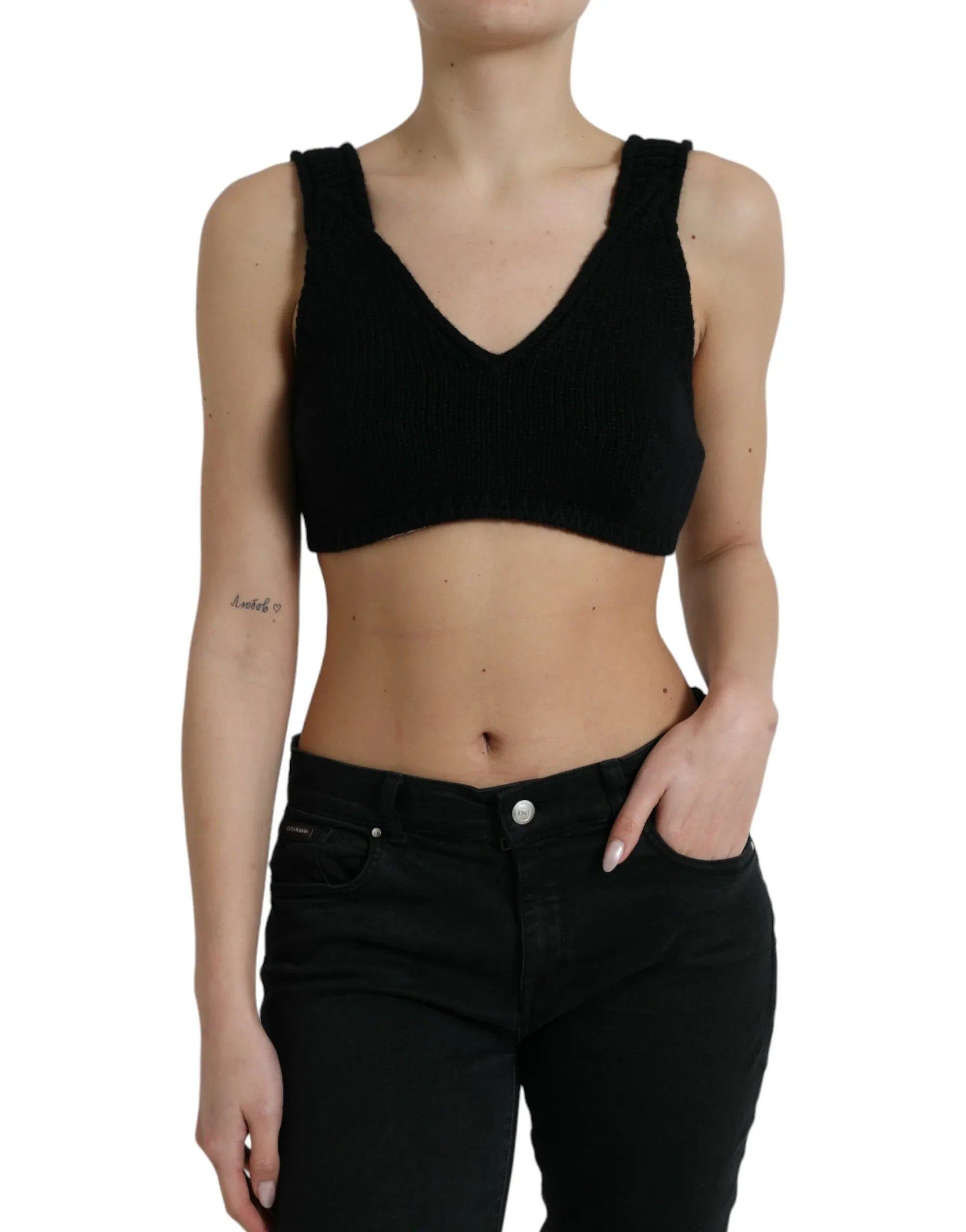 Dolce & Gabbana Black Cropped Cashmere V-neck Bustier Top - Zeiniez