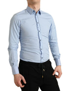 Dolce & Gabbana Sky Blue Cotton Men Formal GOLD Dress Shirt - Zeiniez