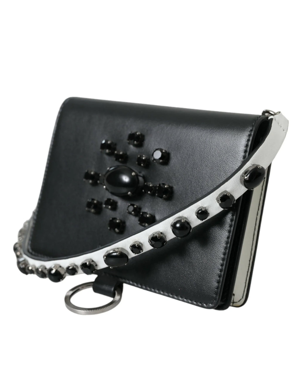 Dolce & Gabbana Black White Leather Crystal Embellished Cardholder Wallet - Zeiniez