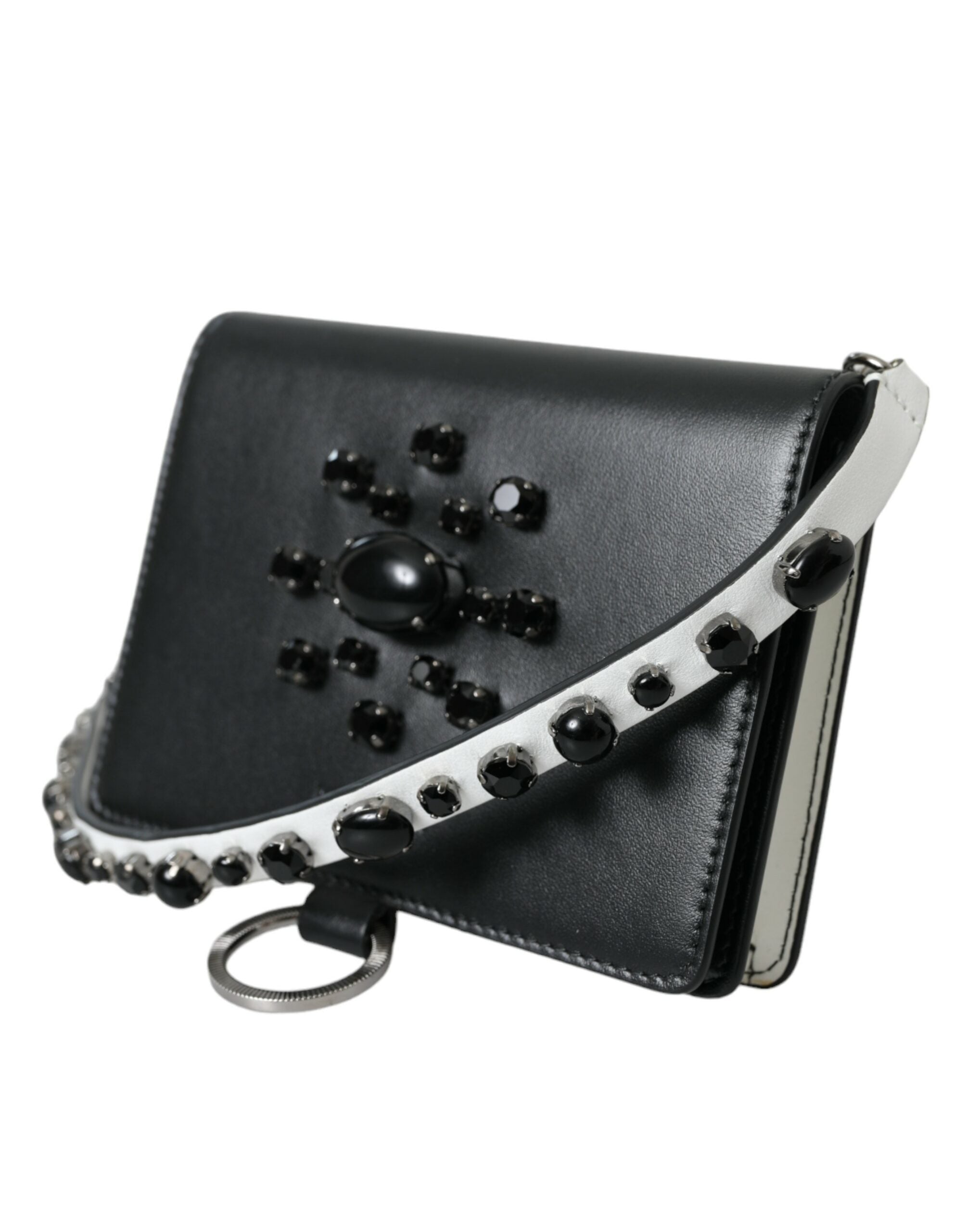 Dolce & Gabbana Black White Leather Crystal Embellished Cardholder Wallet - Zeiniez