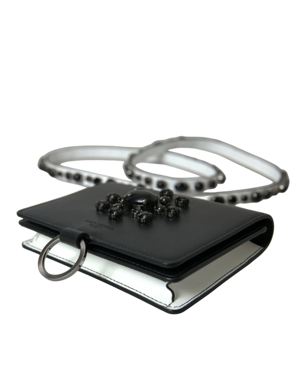 Dolce & Gabbana Black White Leather Crystal Embellished Cardholder Wallet - Zeiniez