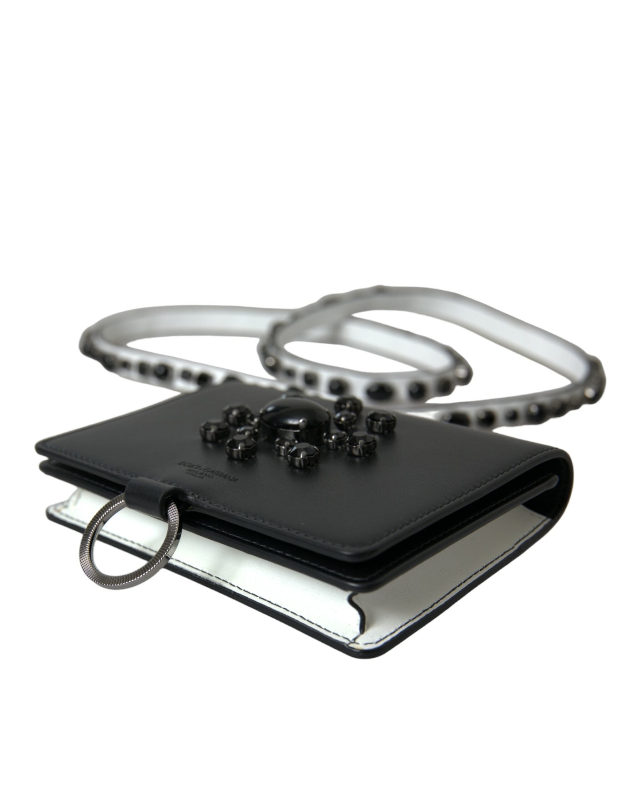 Dolce & Gabbana Black White Leather Crystal Embellished Cardholder Wallet - Zeiniez