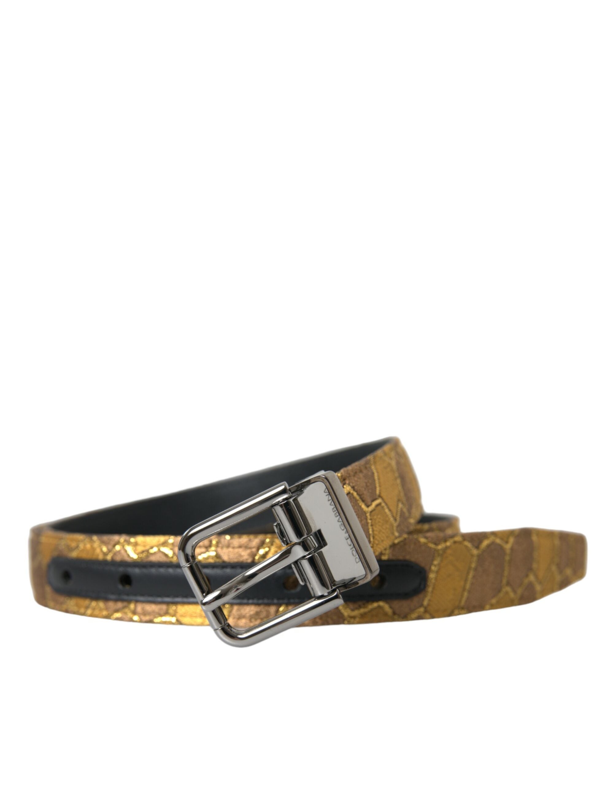 Dolce & Gabbana Gold Leather Jacquard Silver Metal Buckle Belt - Zeiniez
