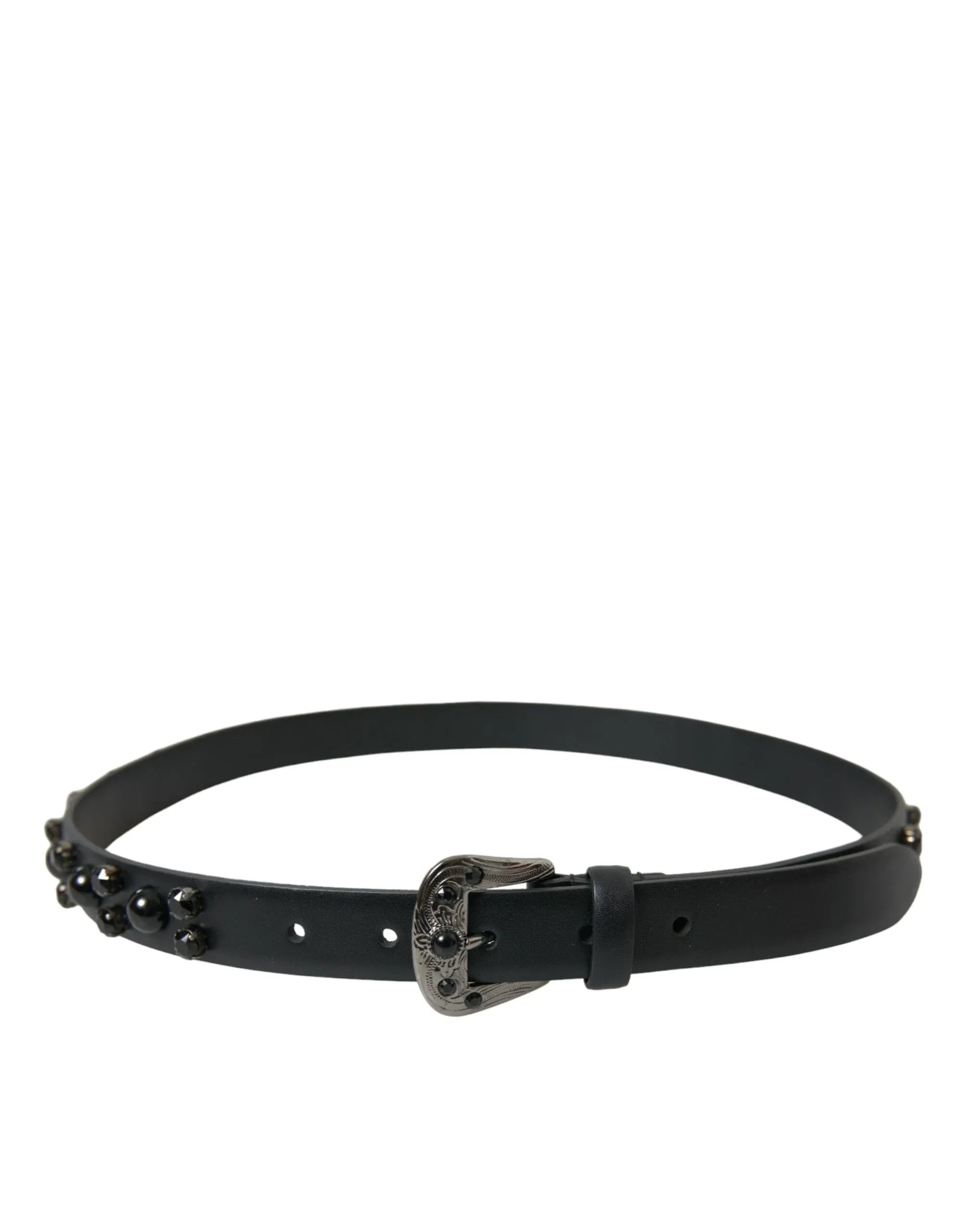 Dolce & Gabbana Black Embellished Leather Engraved Buckle Belt - Zeiniez