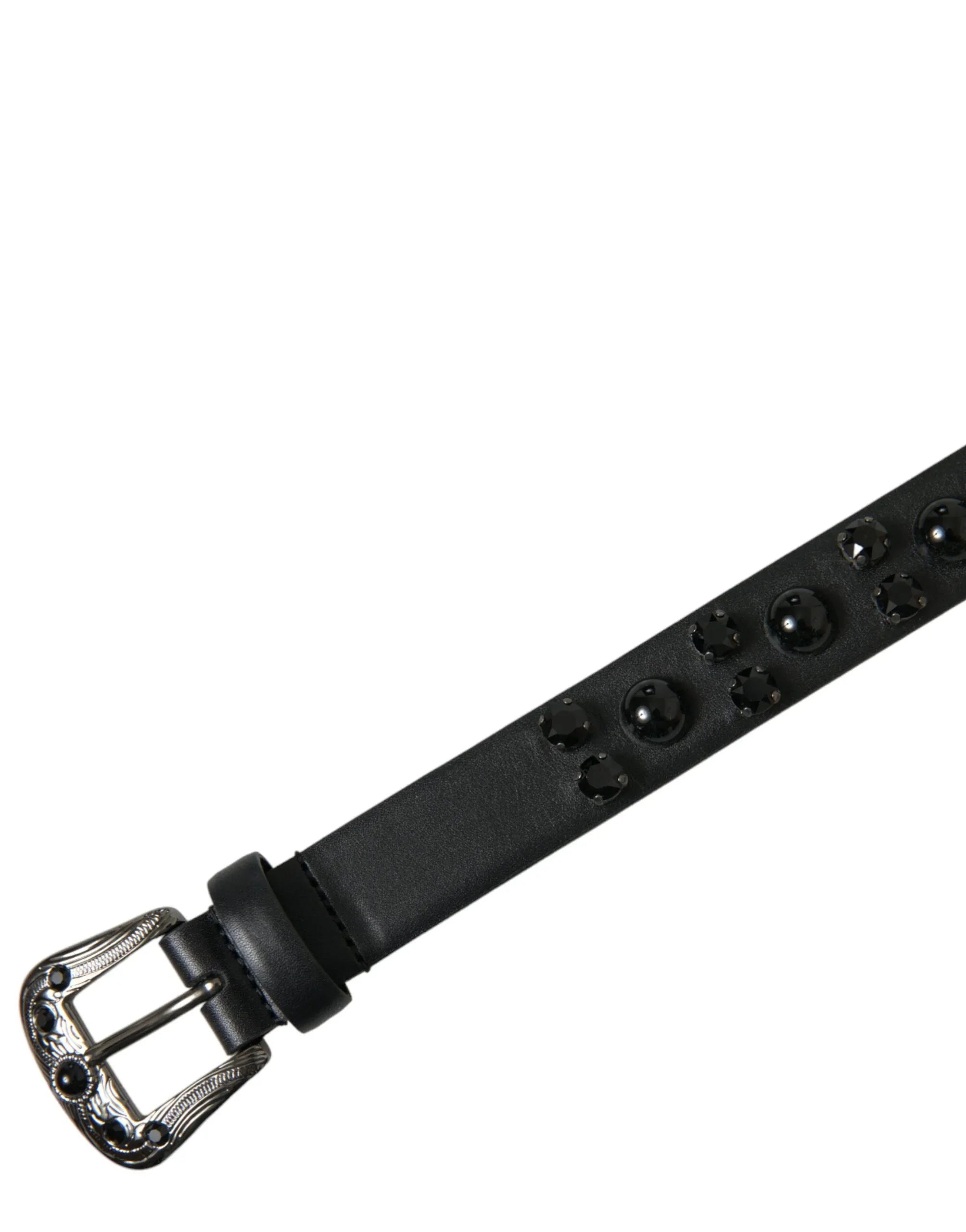Dolce & Gabbana Black Embellished Leather Engraved Buckle Belt - Zeiniez