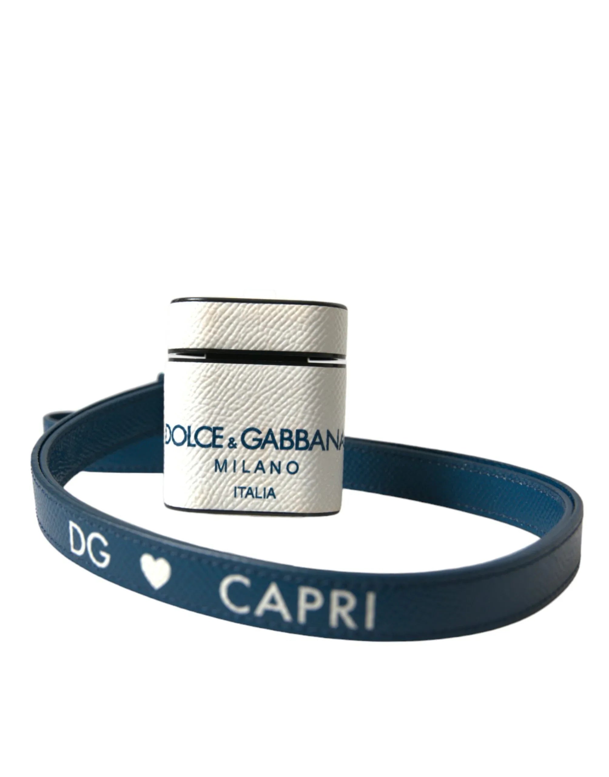 Dolce & Gabbana White Blue Calf Leather Logo Print Strap Airpods Case - Zeiniez