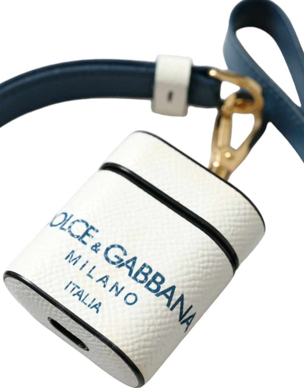 Dolce & Gabbana White Blue Calf Leather Logo Print Strap Airpods Case - Zeiniez